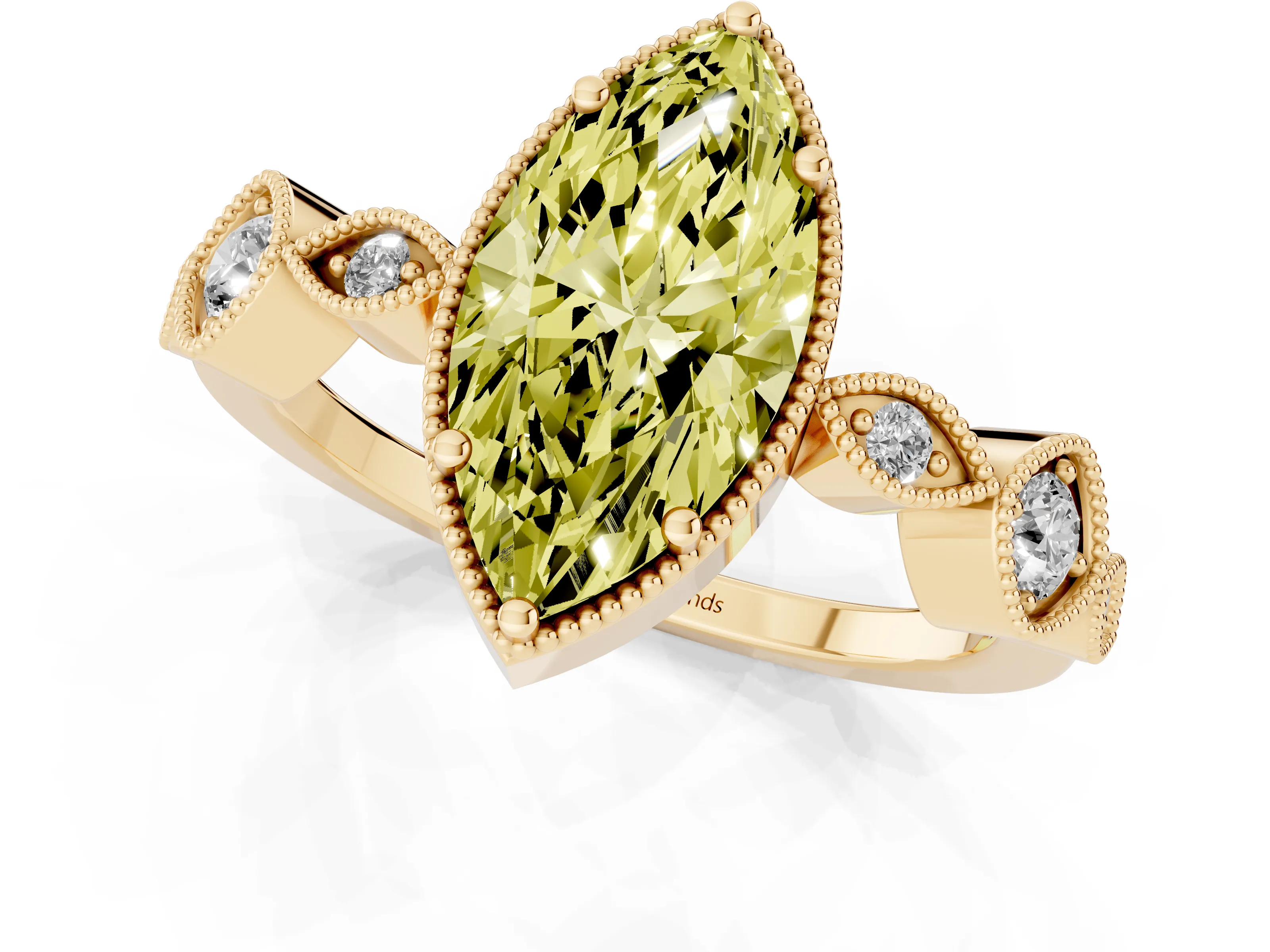 Fancy Yellow Marquise Cut Diamond Vintage-Inspired Milgrain Ring Set in Yellow gold with Marquise Stations of Round Accents