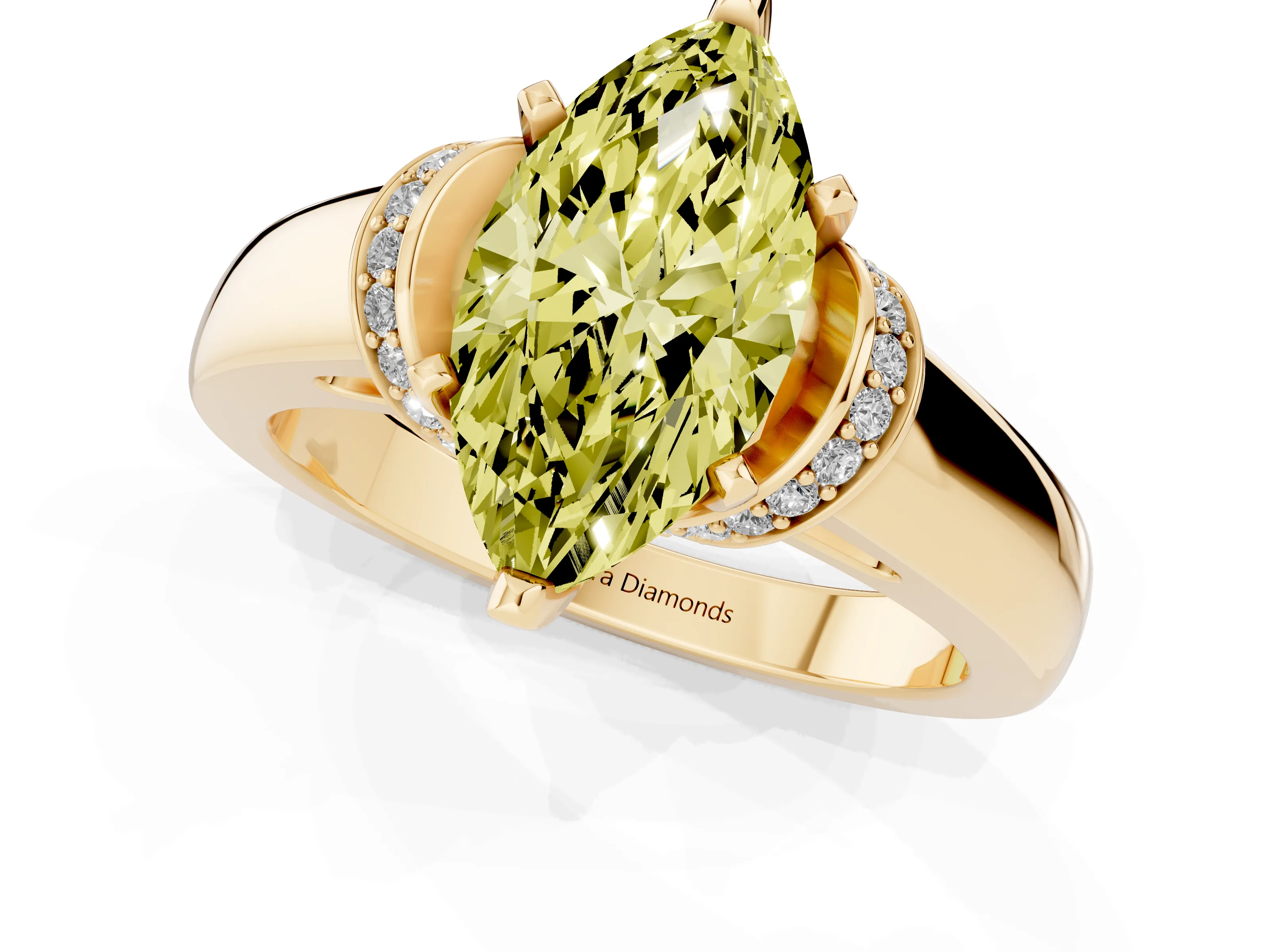 Fancy Yellow Marquise Cut Diamond Pavé Band Solitaire Ring Set in Yellow gold with Prong Setting