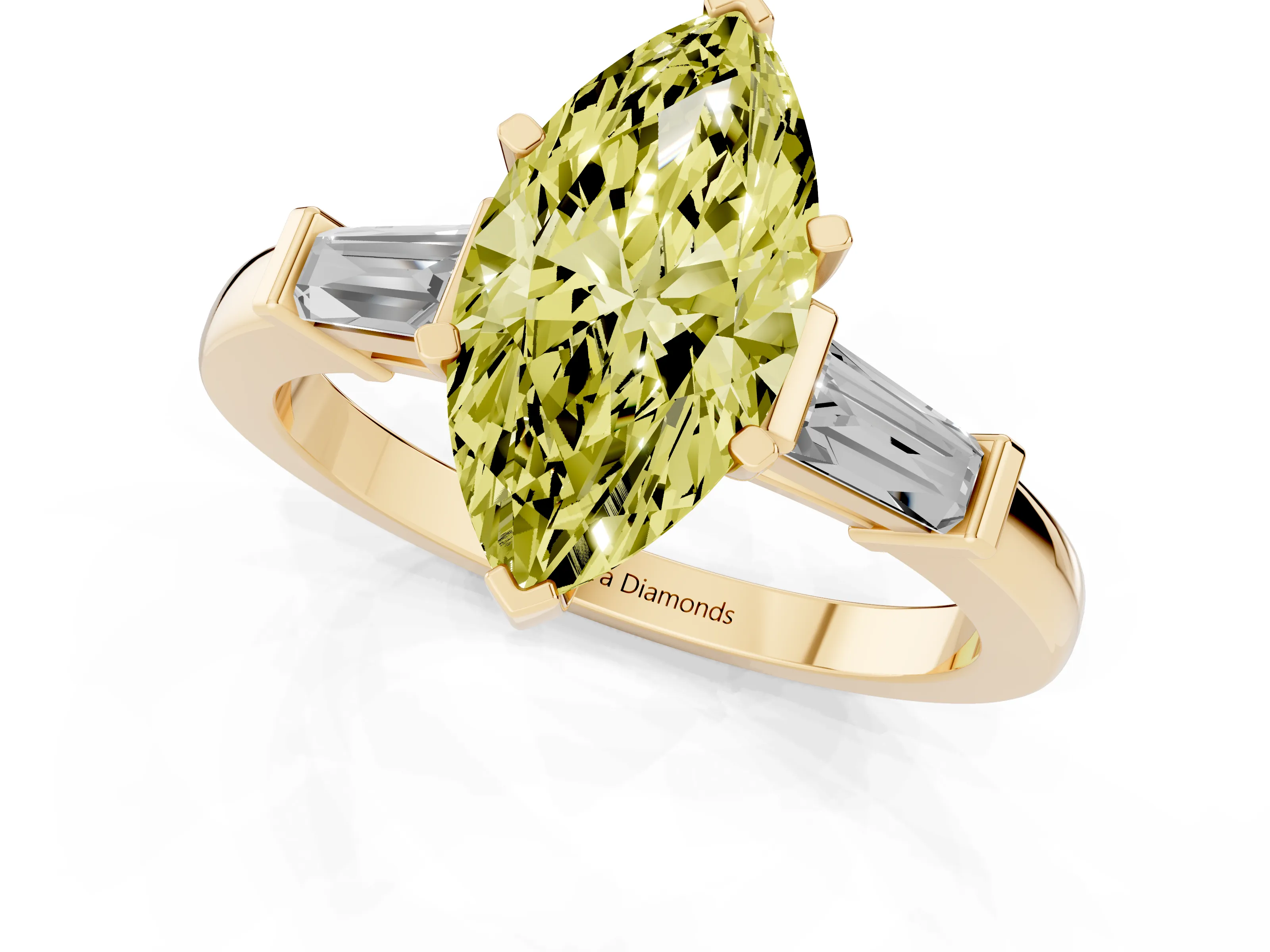 Fancy Yellow Marquise Cut Diamond Solitaire Ring Set in Yellow gold with Tapered Baguette Accents and Prong Setting