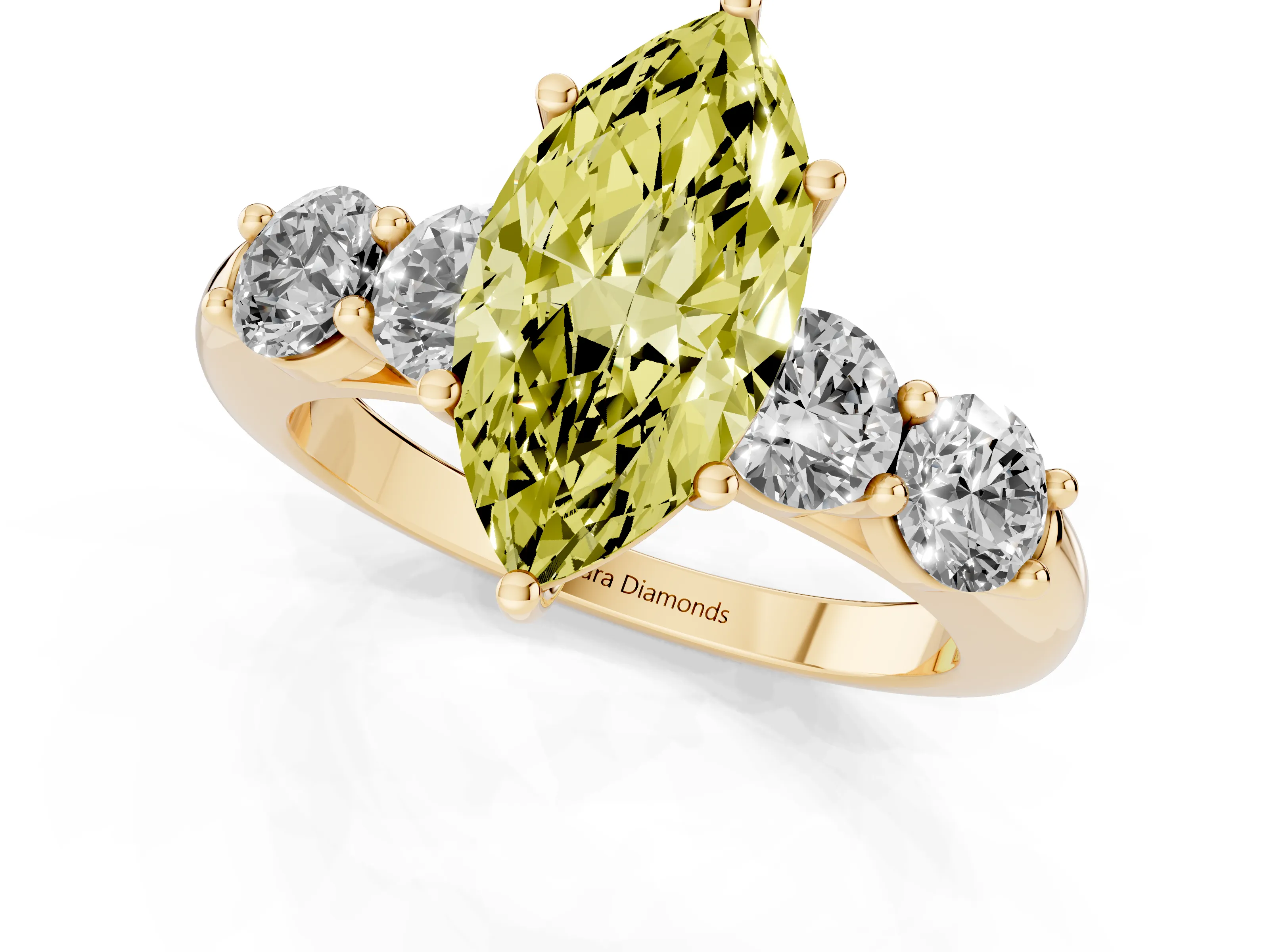 Fancy Yellow Marquise Cut Diamond Five-Stone Prong Set Ring Set in Yellow gold with Classic Band