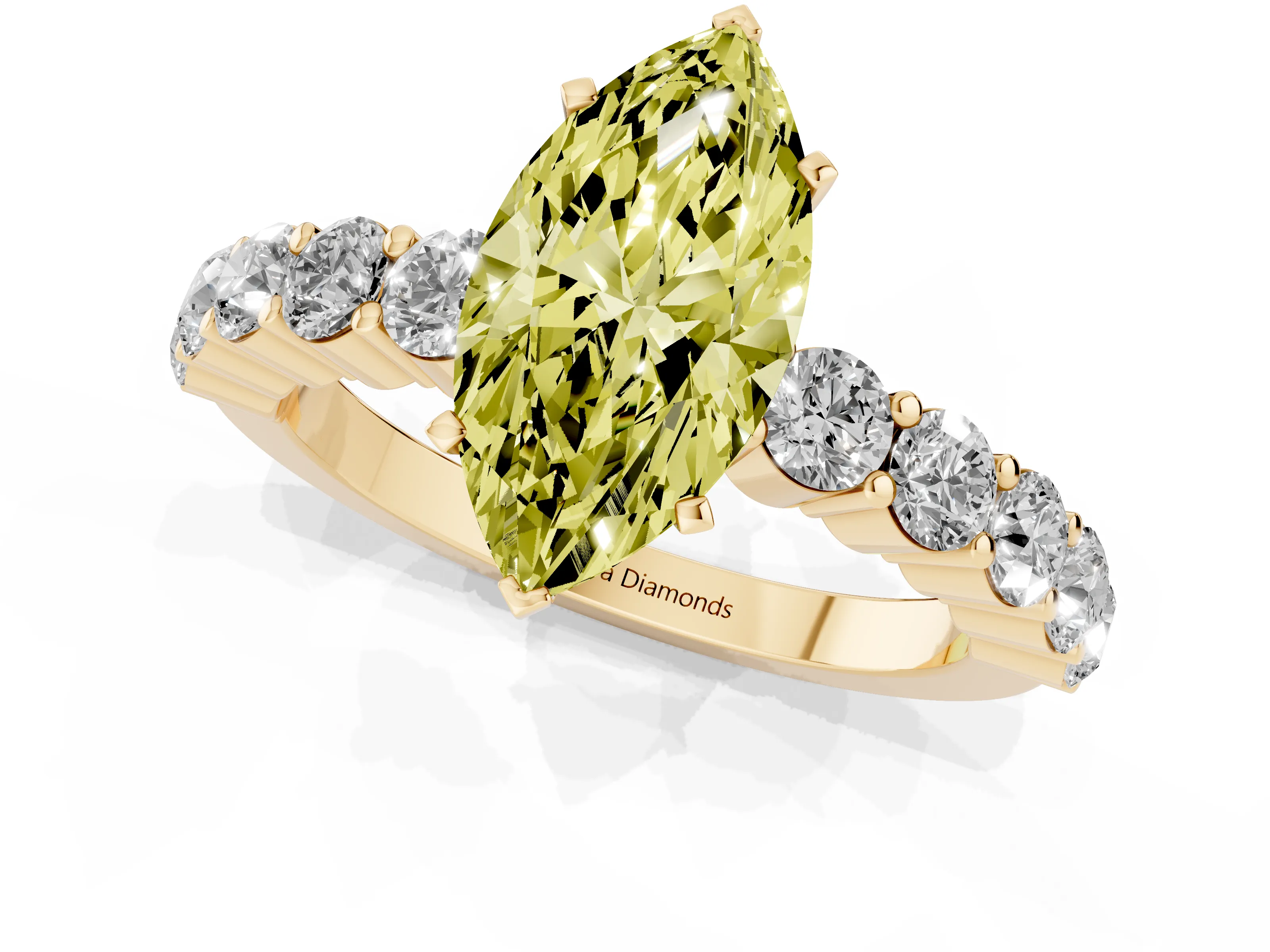 Fancy Yellow Marquise Cut Diamond Solitaire Ring Set in Yellow gold with Shared Prong Round Side Stones