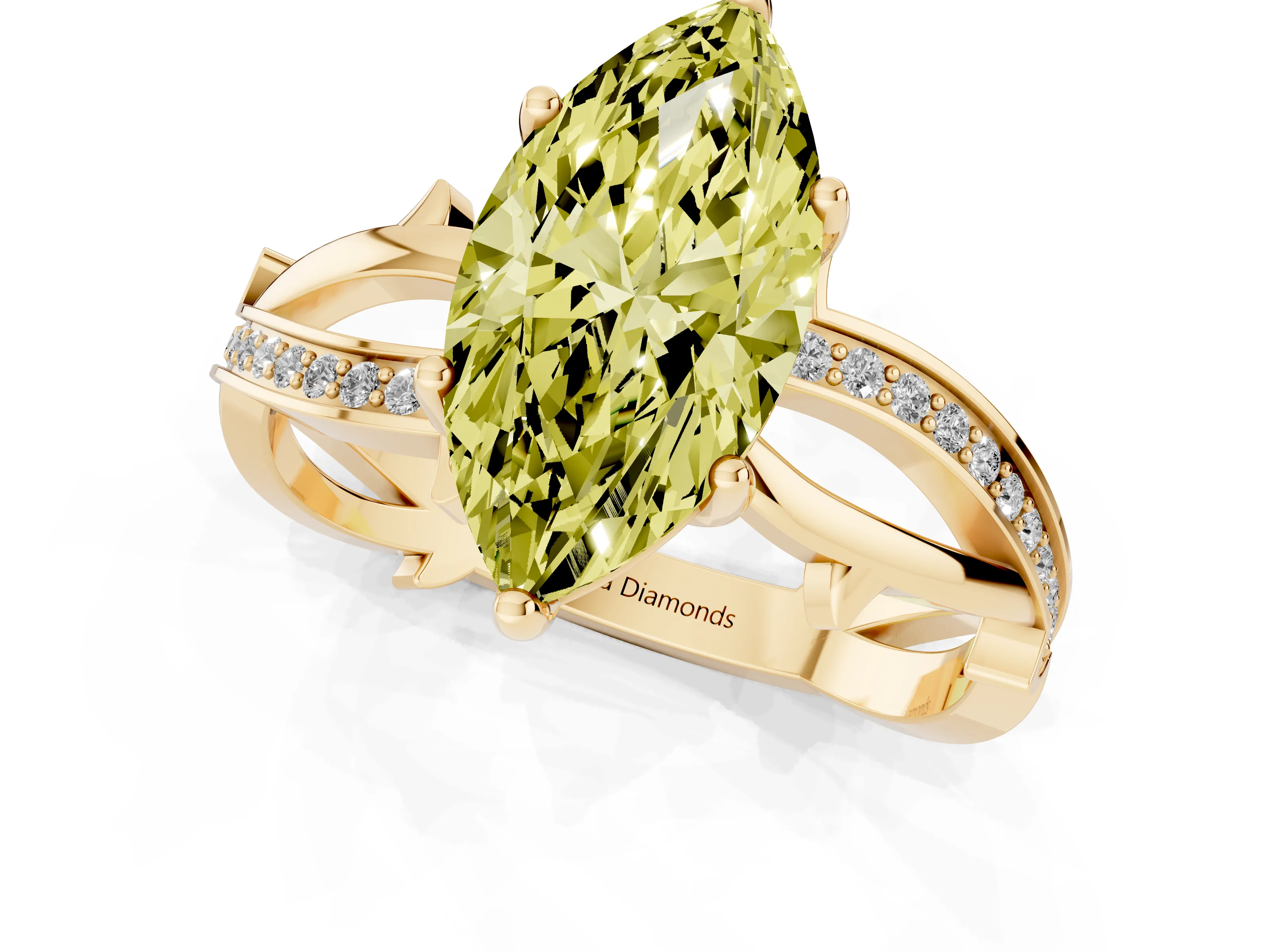 Fancy Yellow Marquise Cut Diamond Pavé Twist Band Solitaire Ring Set in Yellow gold with Prong Setting