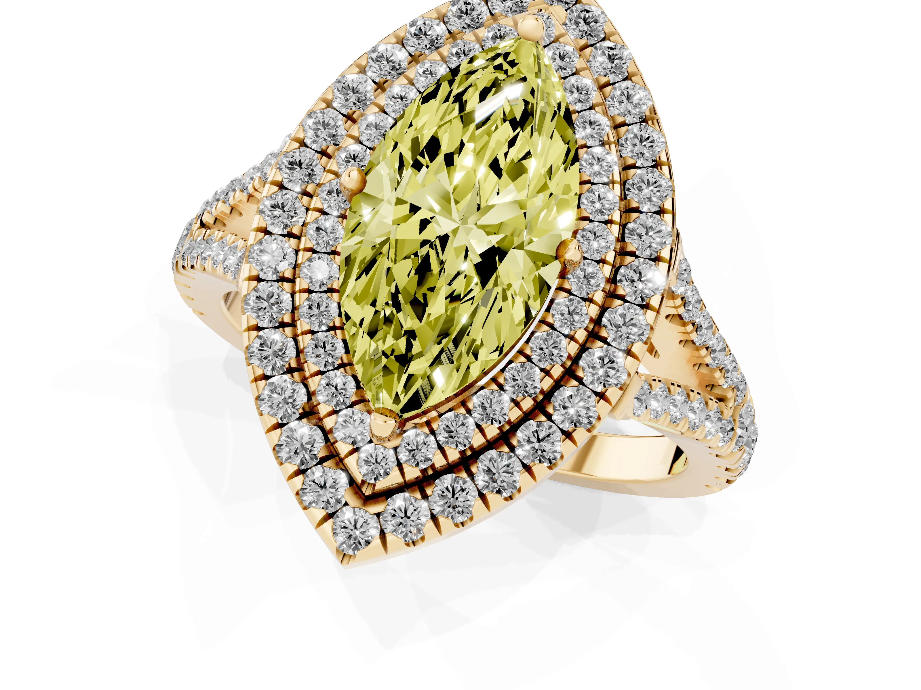 Fancy Yellow Marquise Cut Diamond Double Halo Ring Set in Yellow gold with Pavé Band