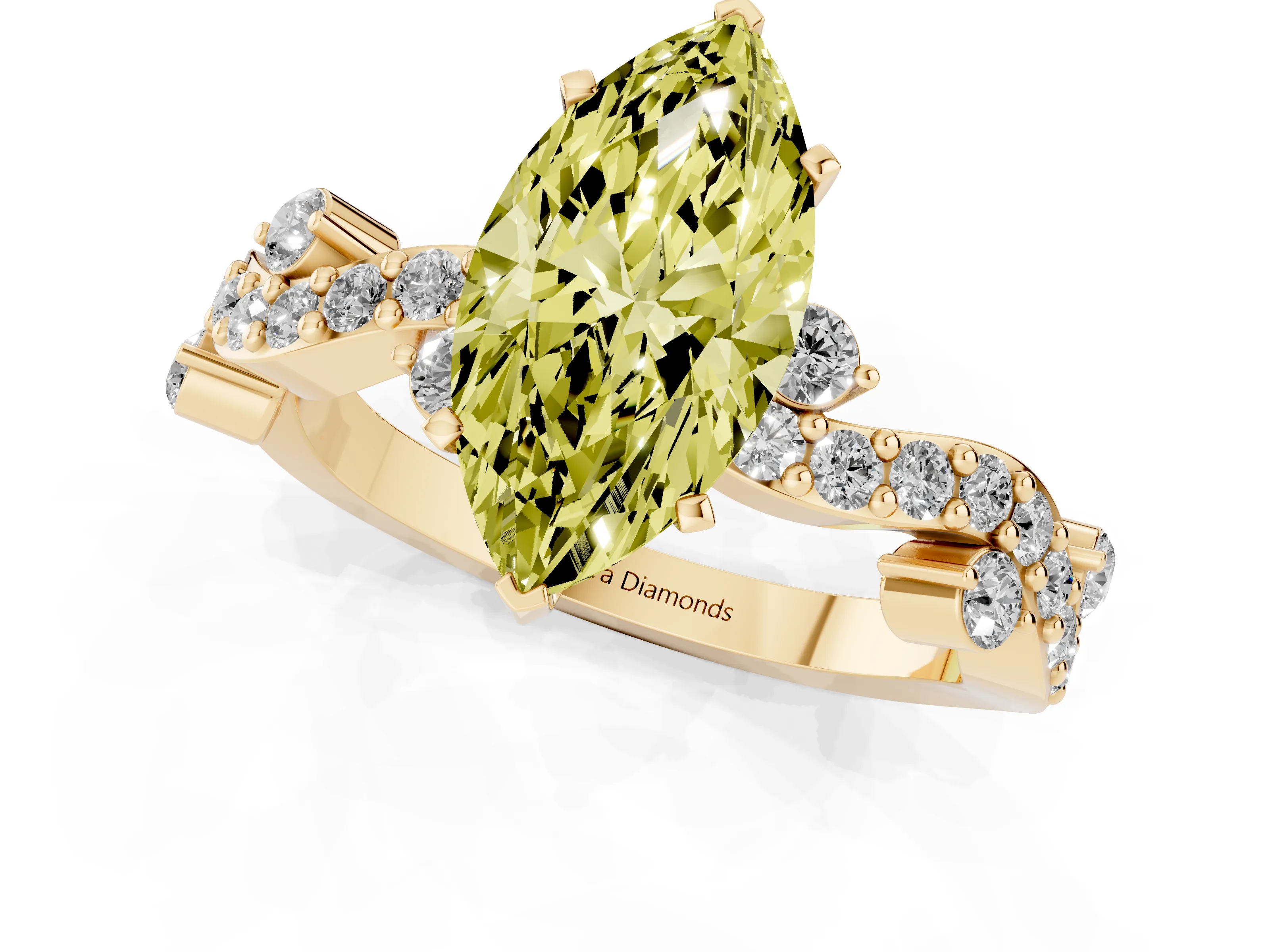 Fancy Yellow Marquise Cut Diamond Solitaire Twisted Band Set in Yellow gold with Pavé Setting