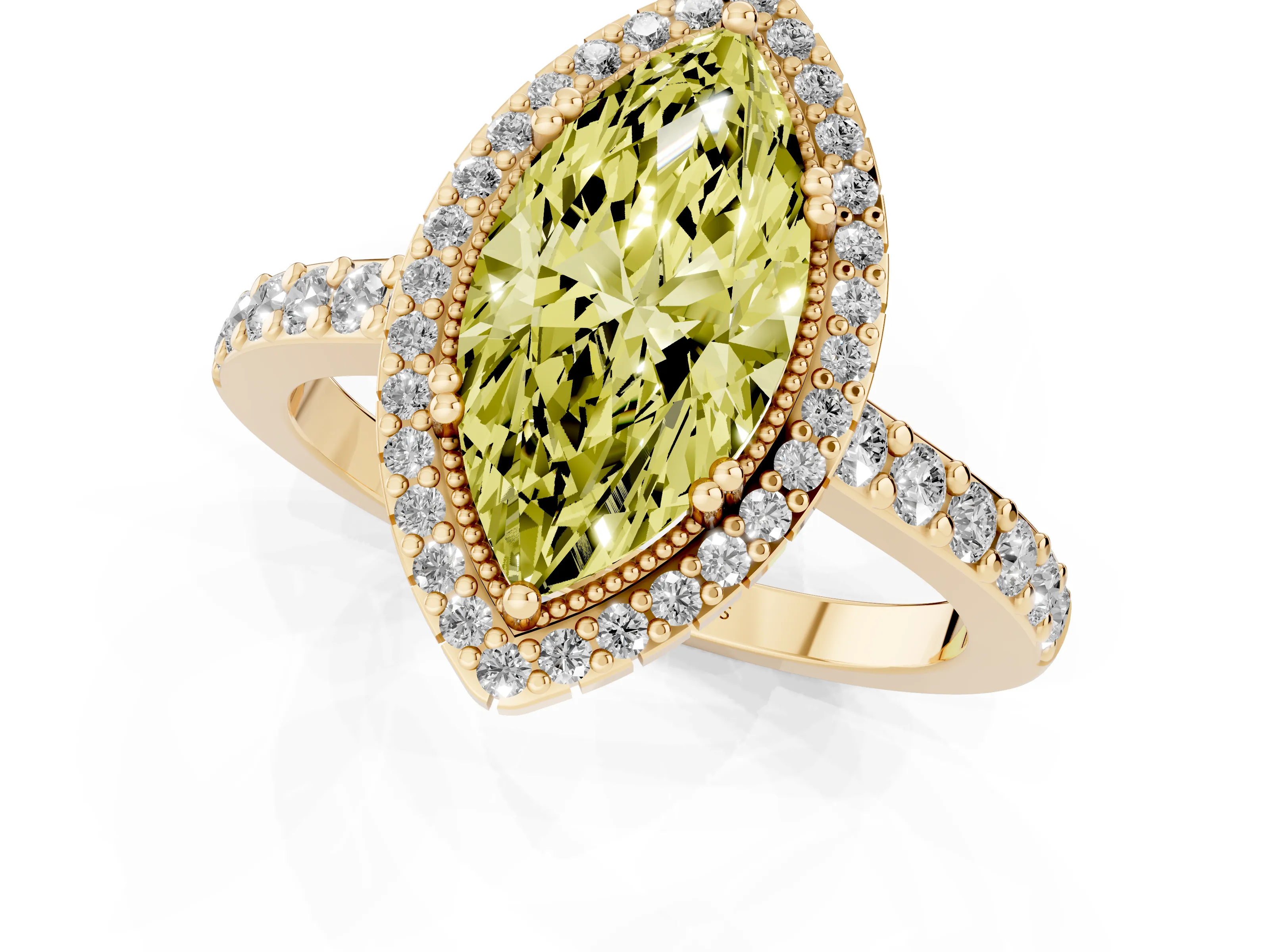 Fancy Yellow Marquise Cut Diamond Halo Engagement Ring Set in Yellow gold with Milgrain Detail and Pavé Band