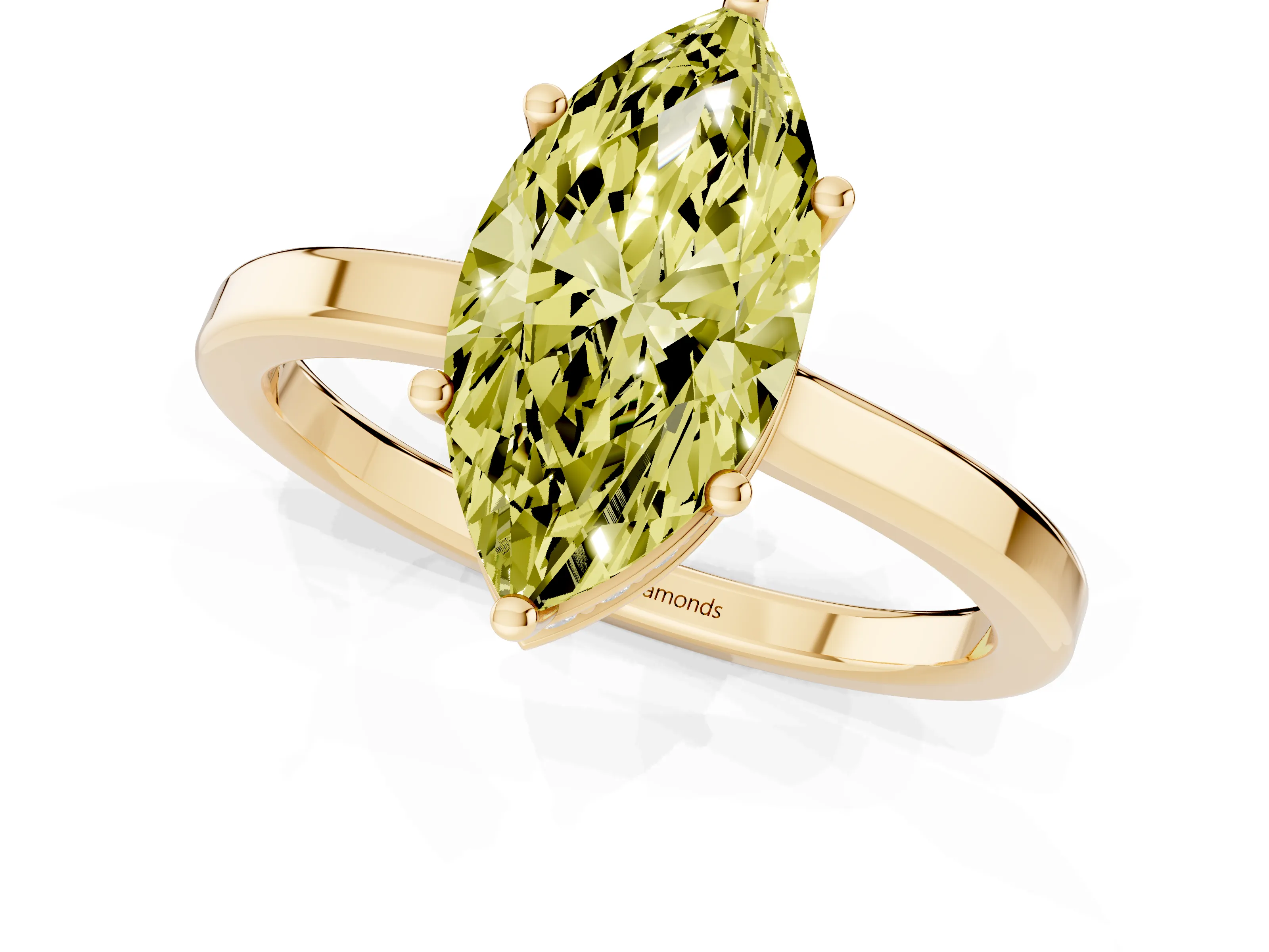 Fancy Yellow Marquise Cut Diamond Solitaire Engagement Ring Set in Yellow gold with Prong Setting on a Plain Band