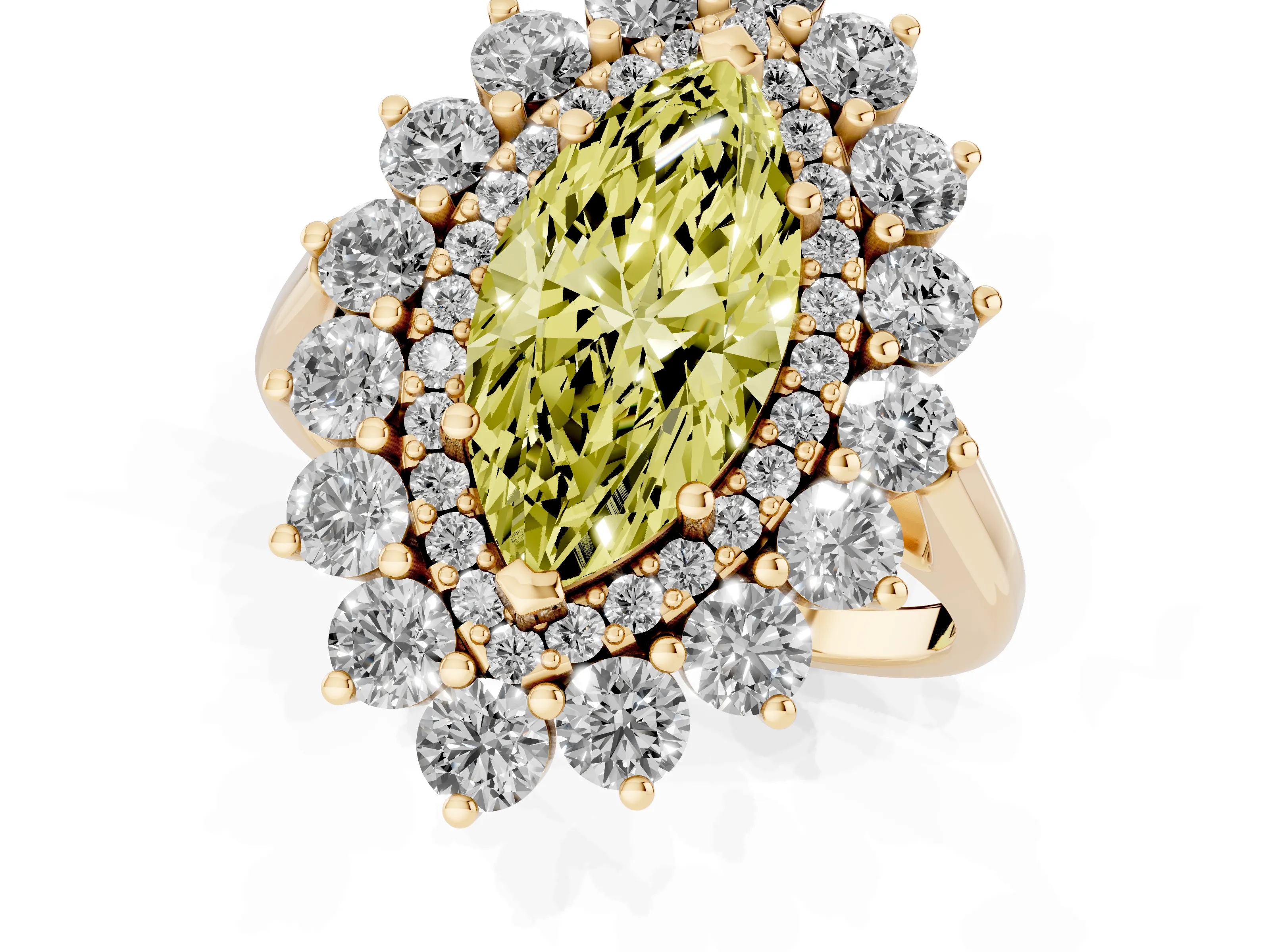 Fancy Yellow Marquise Cut Diamond Floral Double Halo Ring Set in Yellow gold with Round Petals