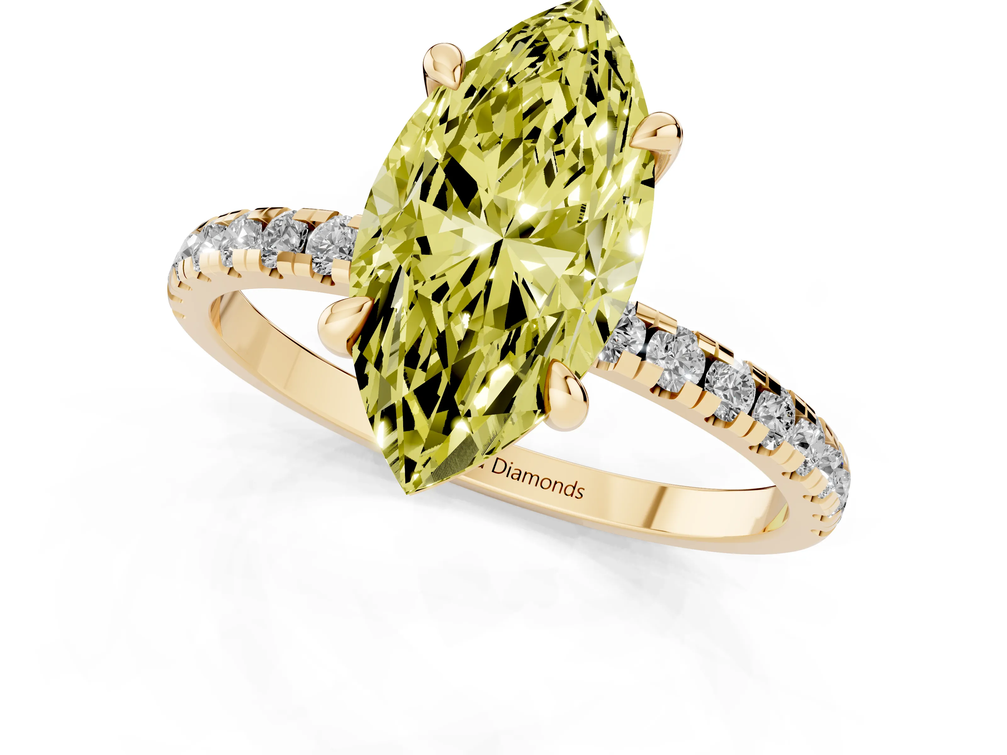 Fancy Yellow Marquise Cut Diamond Brilliant Solitaire Ring Set in Yellow gold with Pavé Band and Prong Setting