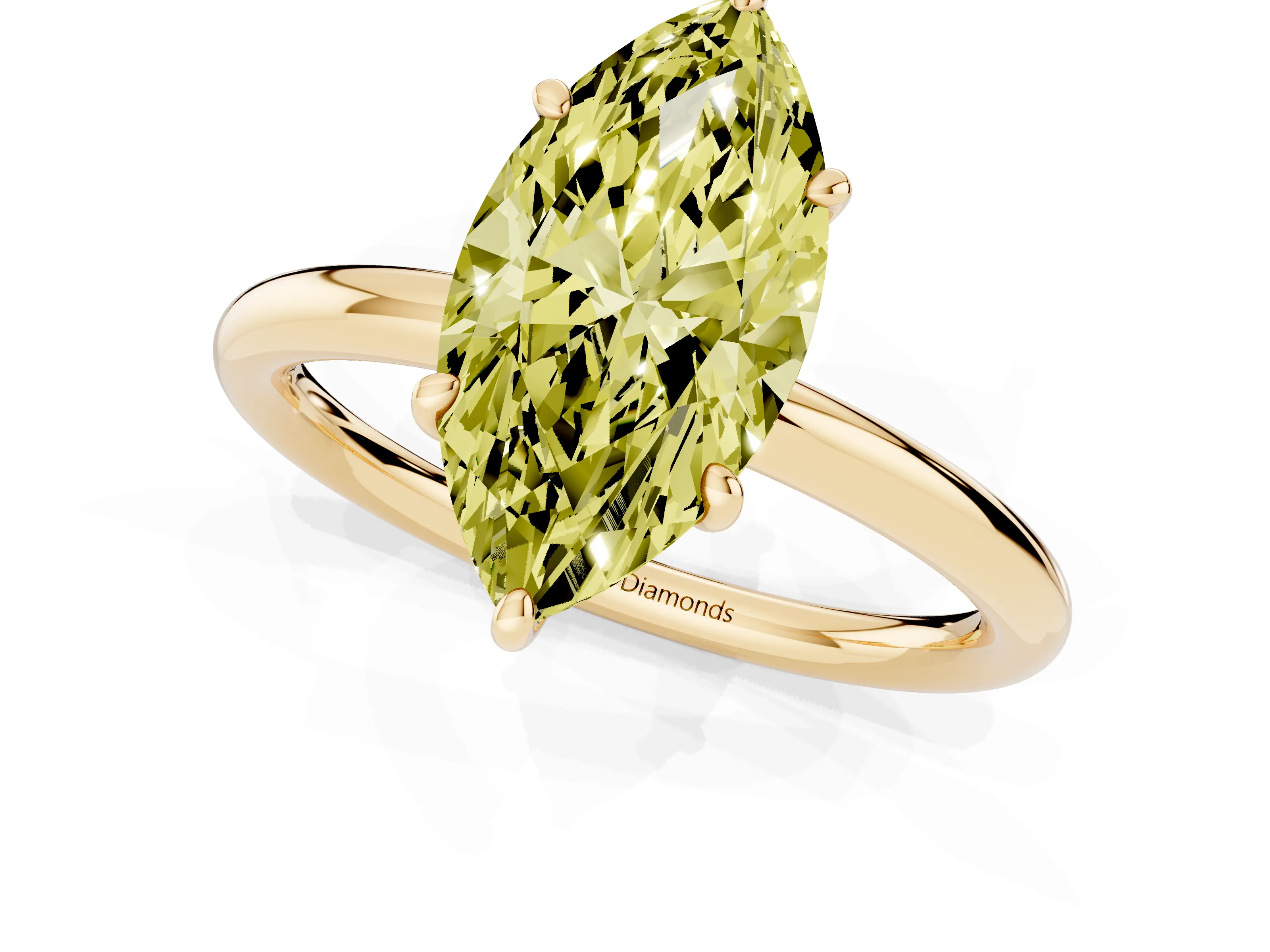Fancy Yellow Marquise Cut Diamond Solitaire Ring Set in Yellow gold with Prong Setting on a Polished Plain Band