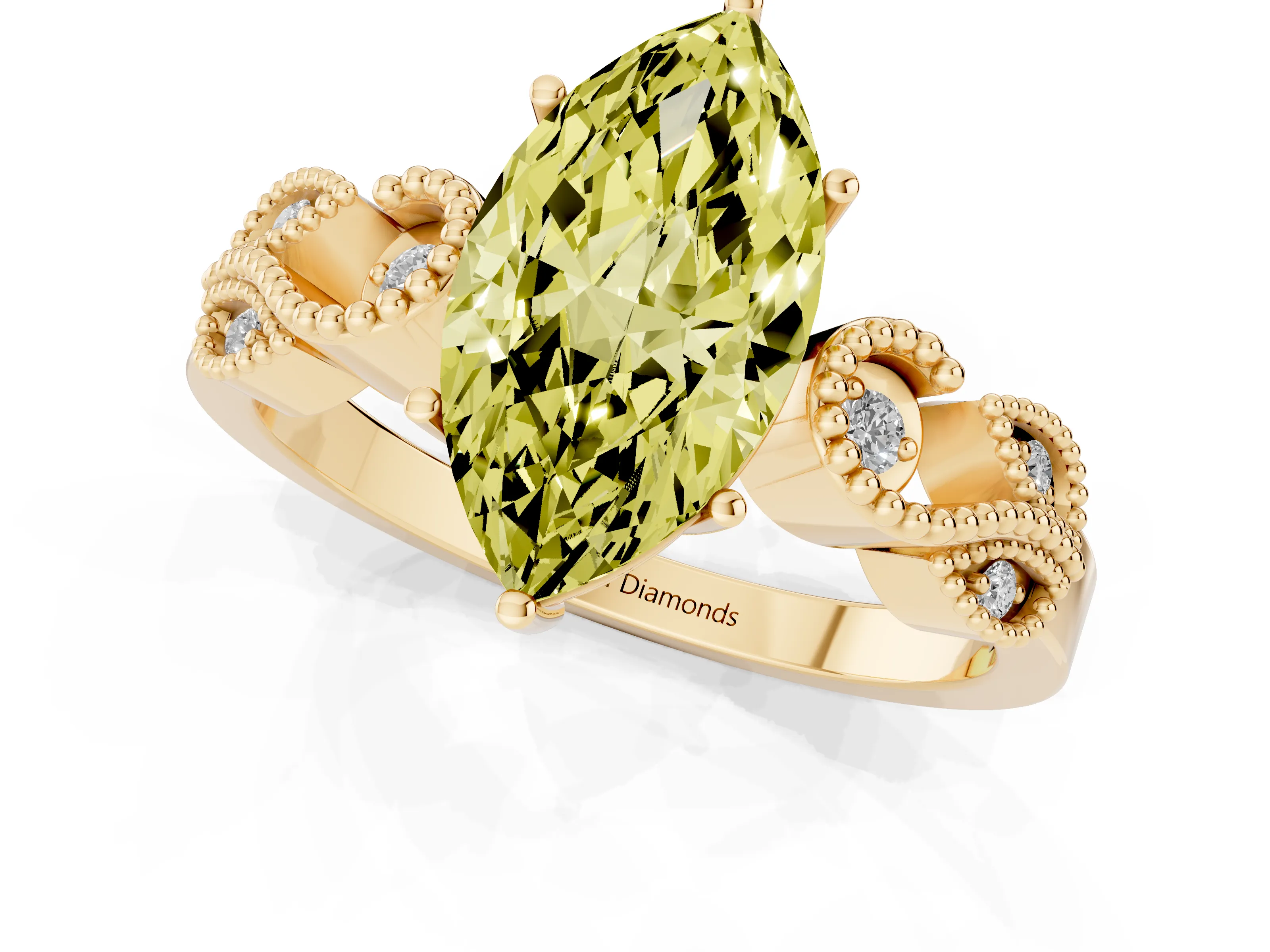 Fancy Yellow Marquise Cut Diamond Milgrain Leaf Band Solitaire Ring Set in Yellow gold with Accent Stones and Prong Setting