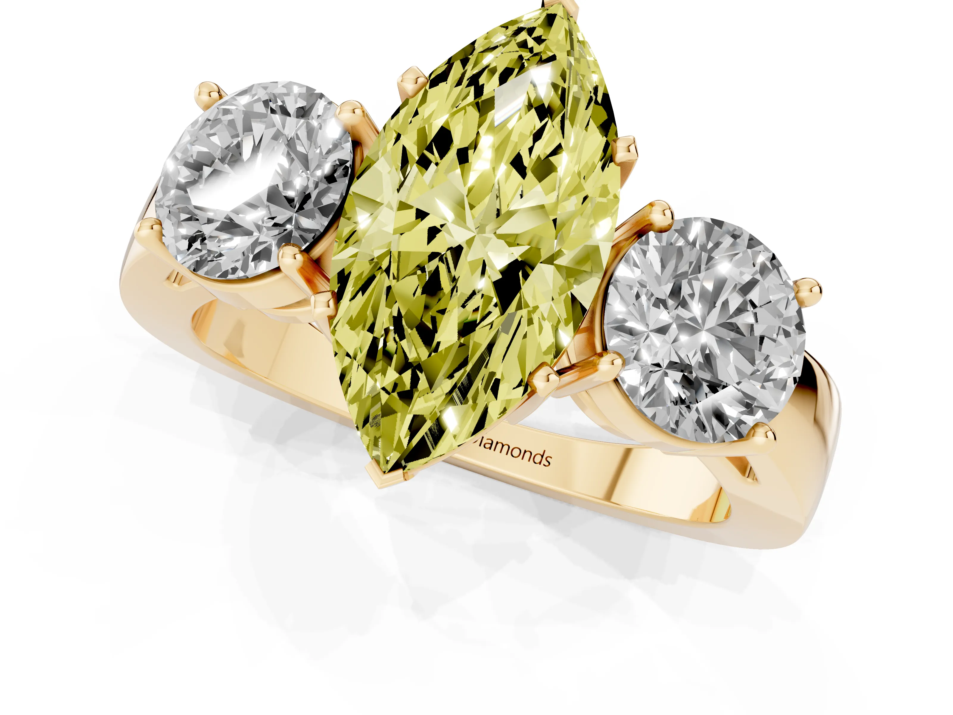 Fancy Yellow Marquise Cut Diamond Three-Stone Ring Set in Yellow gold with Round Side Stones and Classic Band