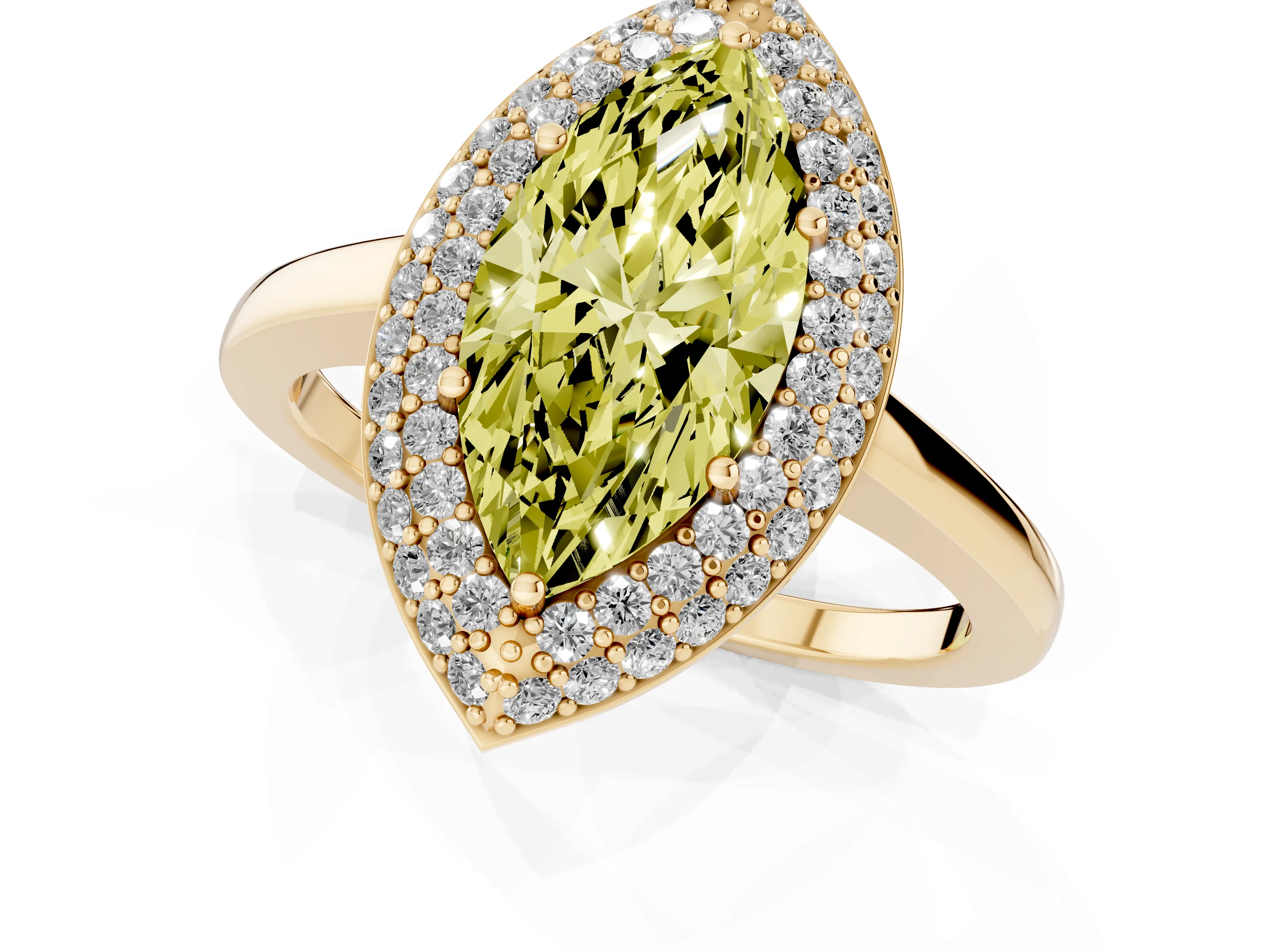 Fancy Yellow Marquise Cut Diamond Halo Engagement Ring Set in Yellow gold with Solitaire Band and Prong Setting
