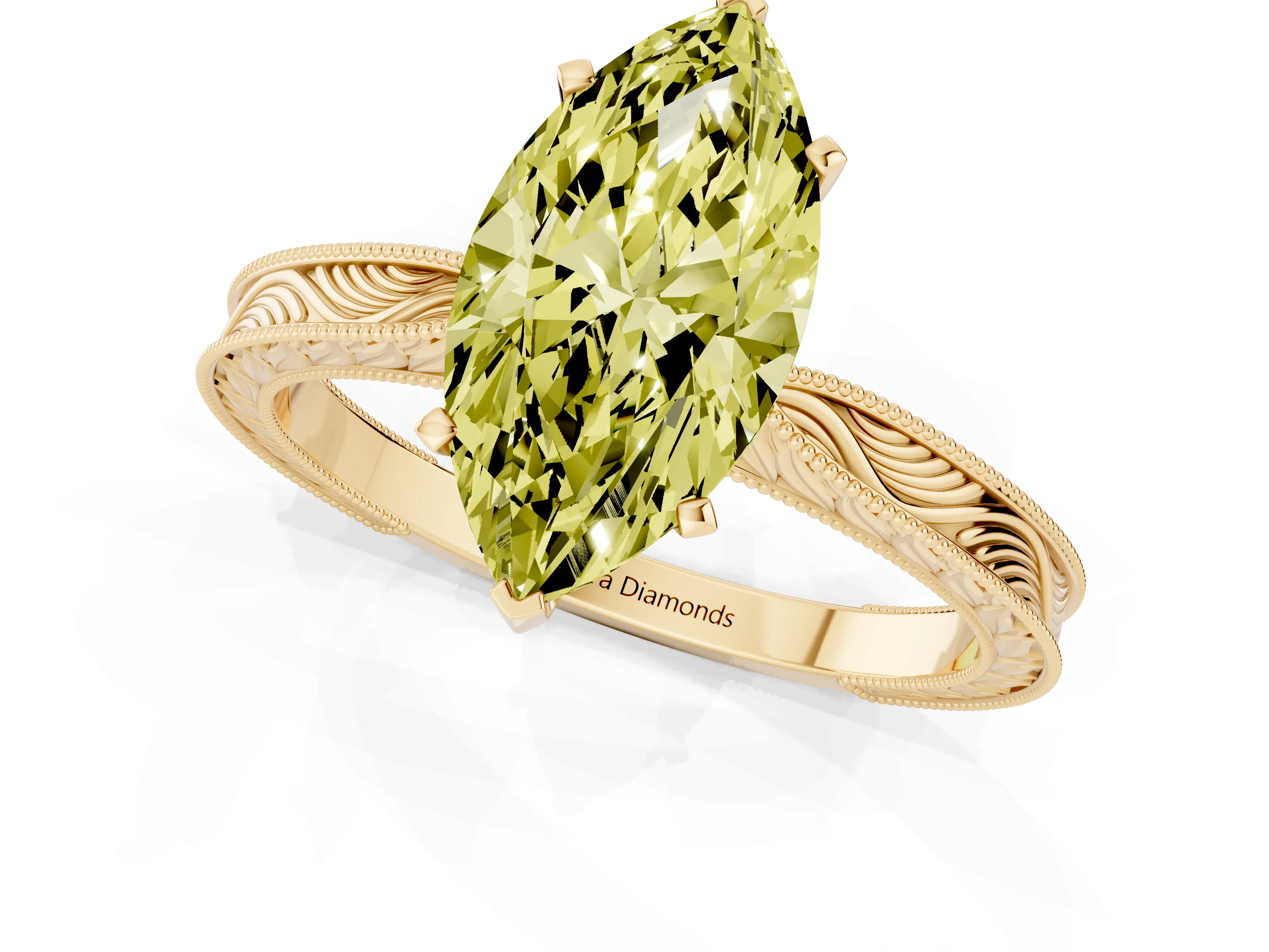 Fancy Yellow Marquise Cut Diamond Solitaire Milgrain Engraved Band Set in Yellow gold with Prong Setting
