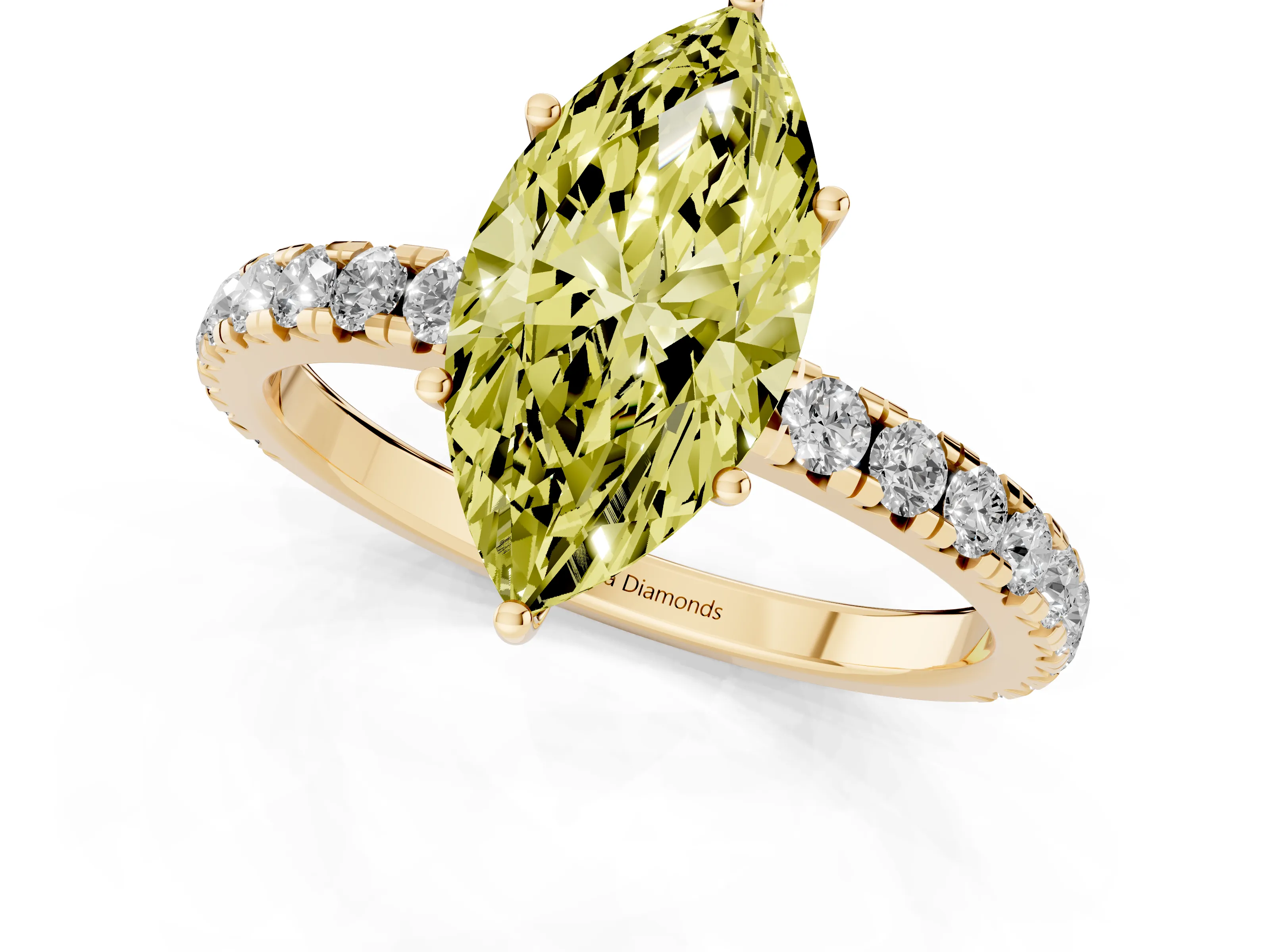 Fancy Yellow Marquise Cut Diamond Pavé Solitaire Engagement Ring Set in Yellow gold with Prong Setting