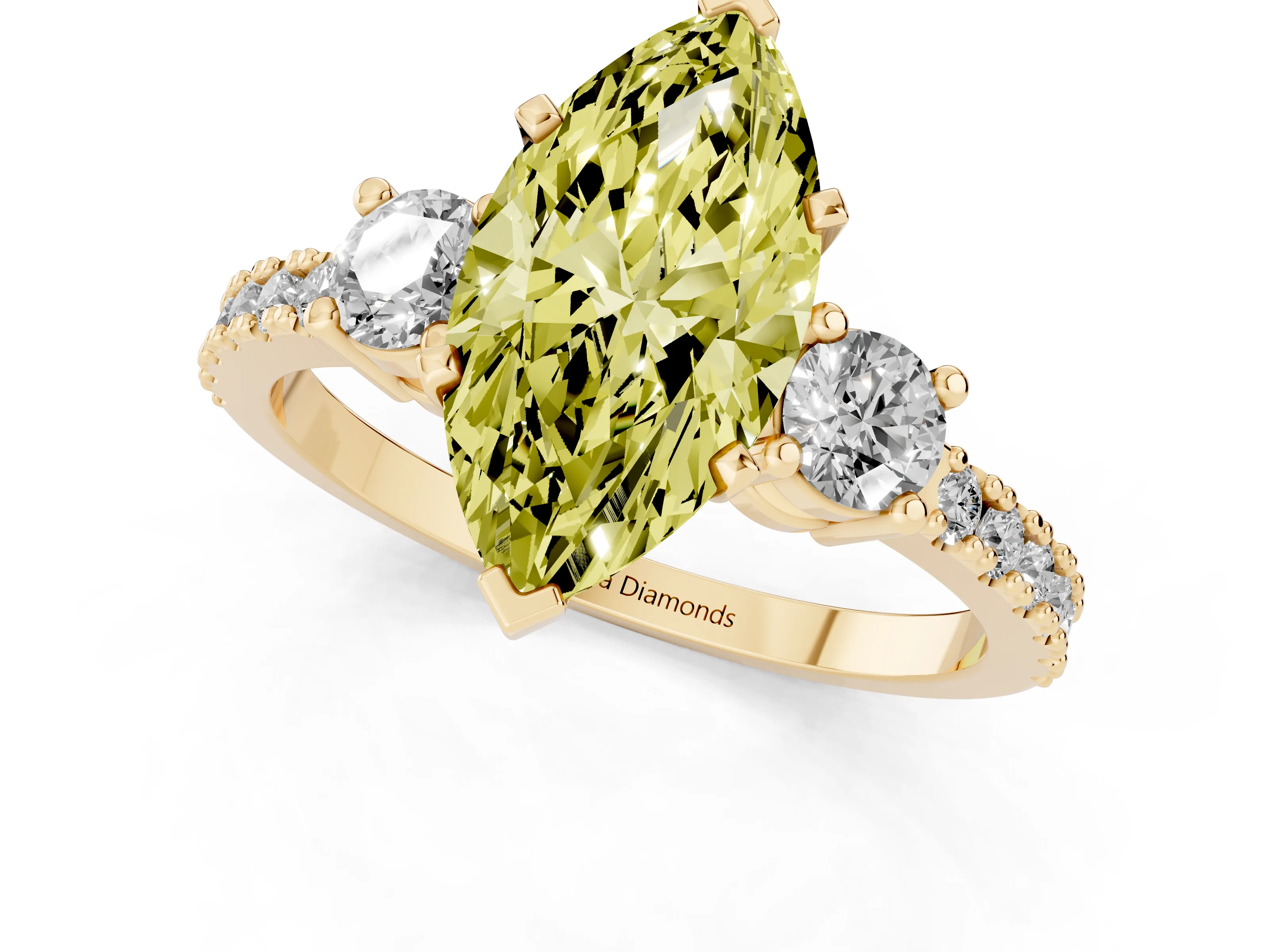 Fancy Yellow Three-Stone Marquise Cut Diamond Pavé Band Ring Set in Yellow gold with Prong Setting – second view