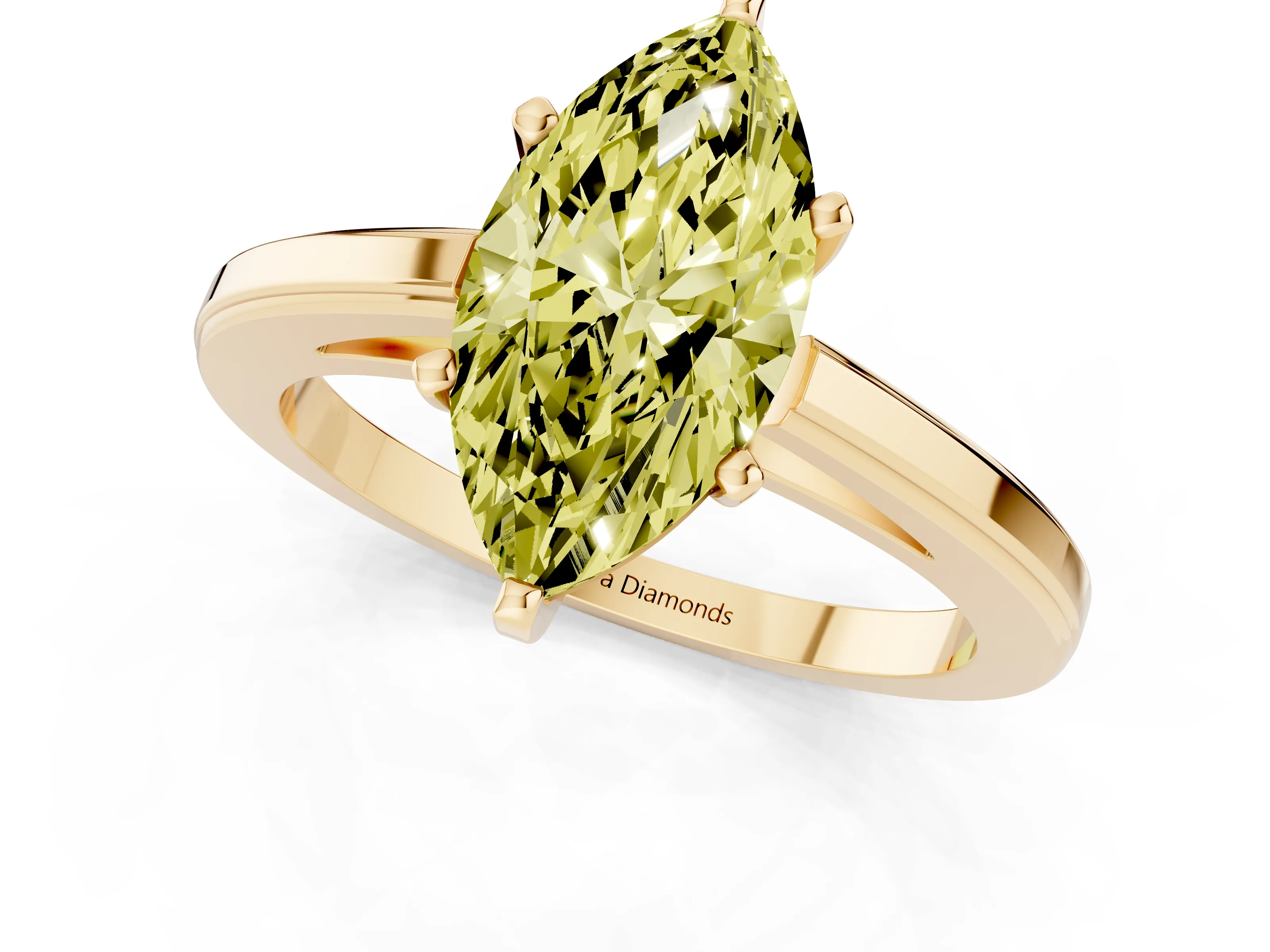 Fancy Yellow Marquise Cut Diamond Solitaire Ring Set in Yellow gold with Prong Setting and Classic Band