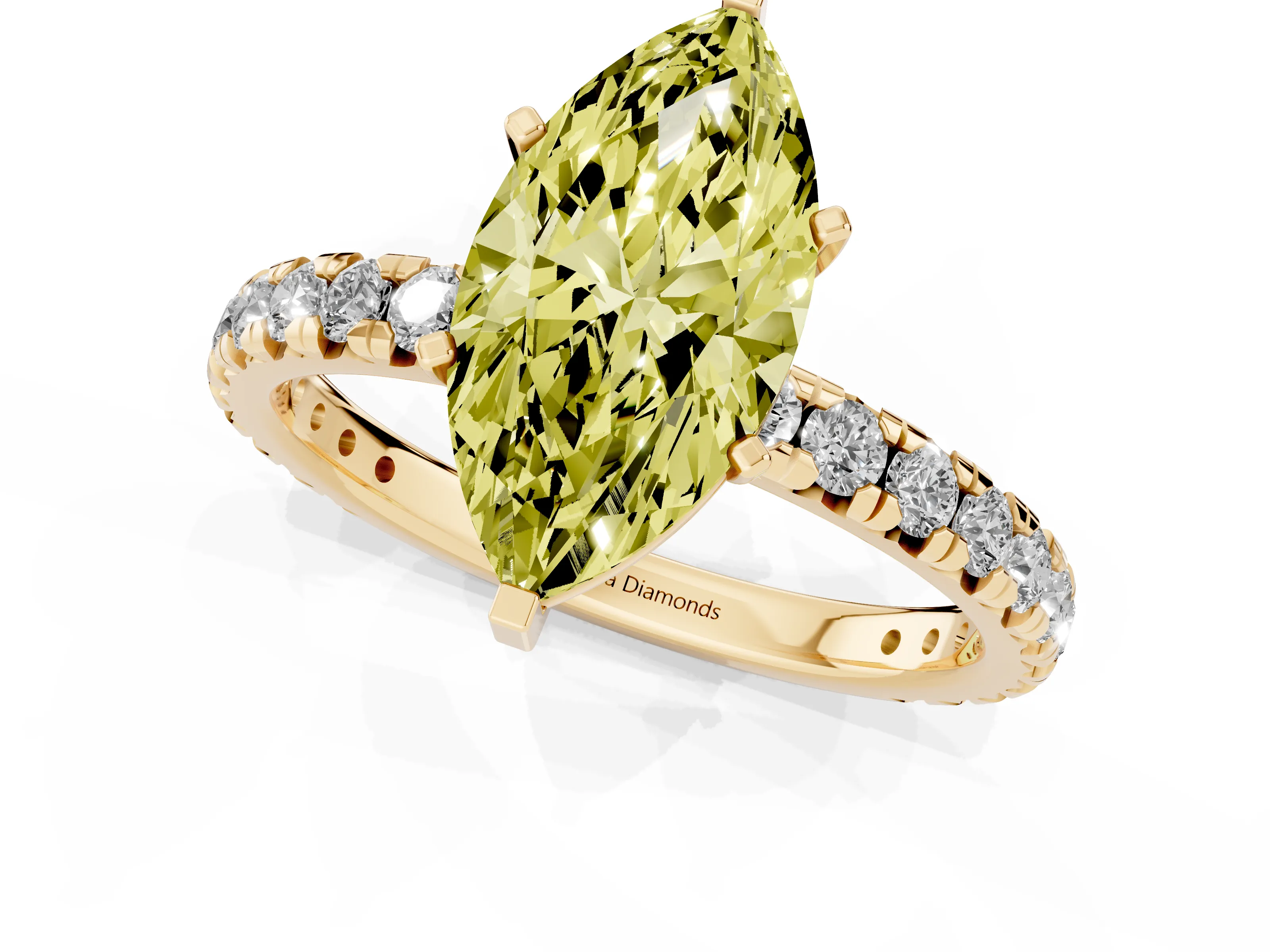 Fancy Yellow Marquise Cut Diamond Pavé Solitaire Ring Set in Yellow gold with Round Band and Prong Setting – second view
