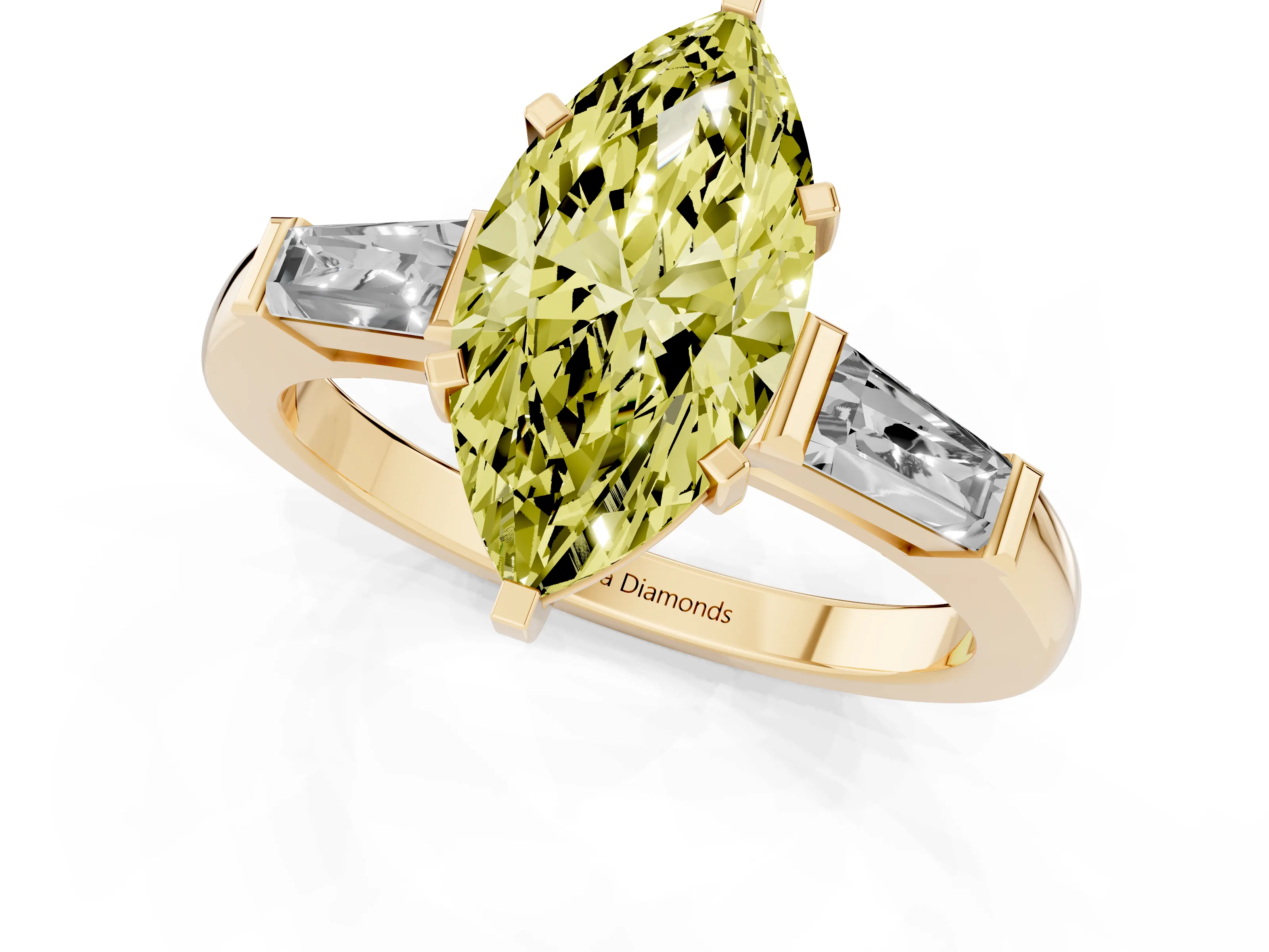 Fancy Yellow Marquise Cut Diamond Solitaire Ring Set in Yellow gold with Tapered Baguette Side Stones and Prong Setting