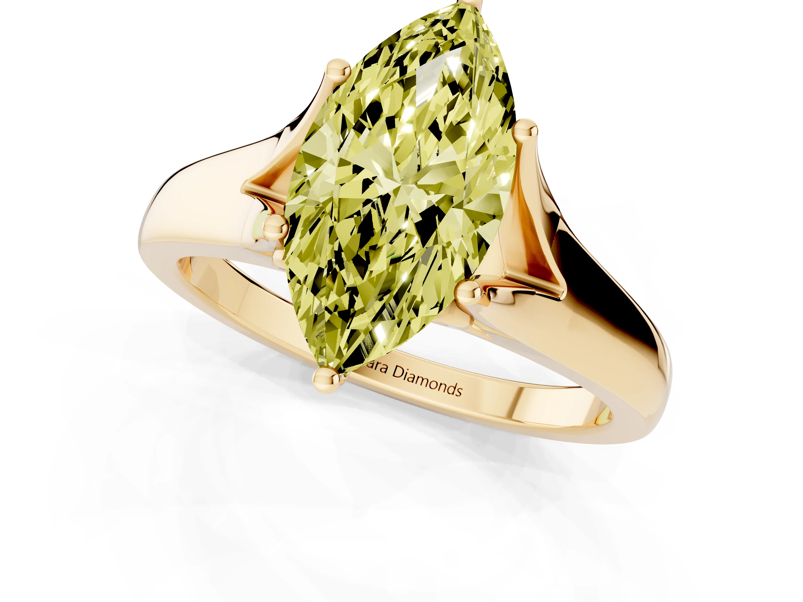 Fancy Yellow Marquise Cut Diamond Solitaire Ring Set in Yellow gold with Arched Cathedral Band and Prong Setting