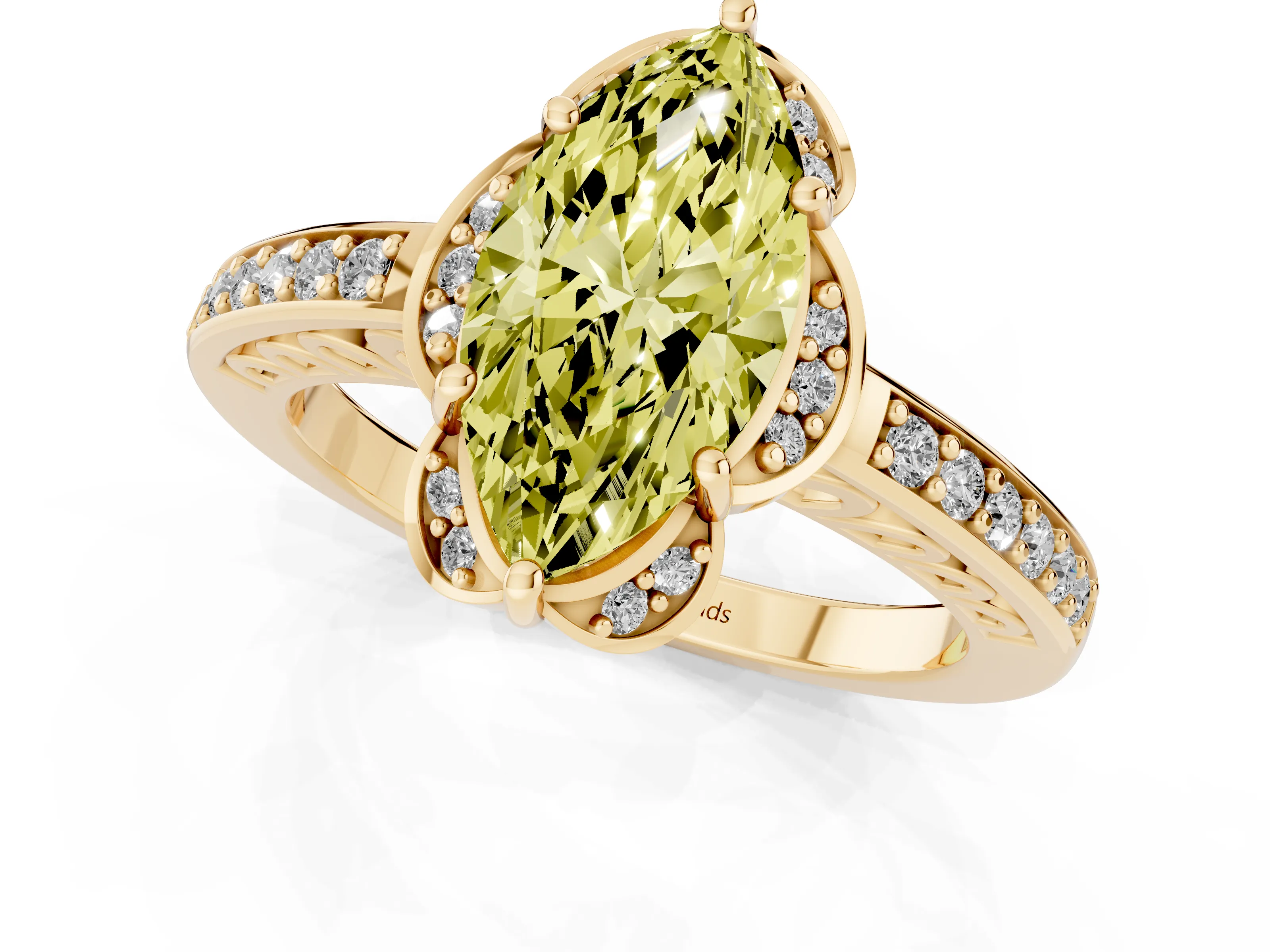 Fancy Yellow Marquise Cut Diamond Halo Ring Set in Yellow gold with Channel Set Band and Prong Setting