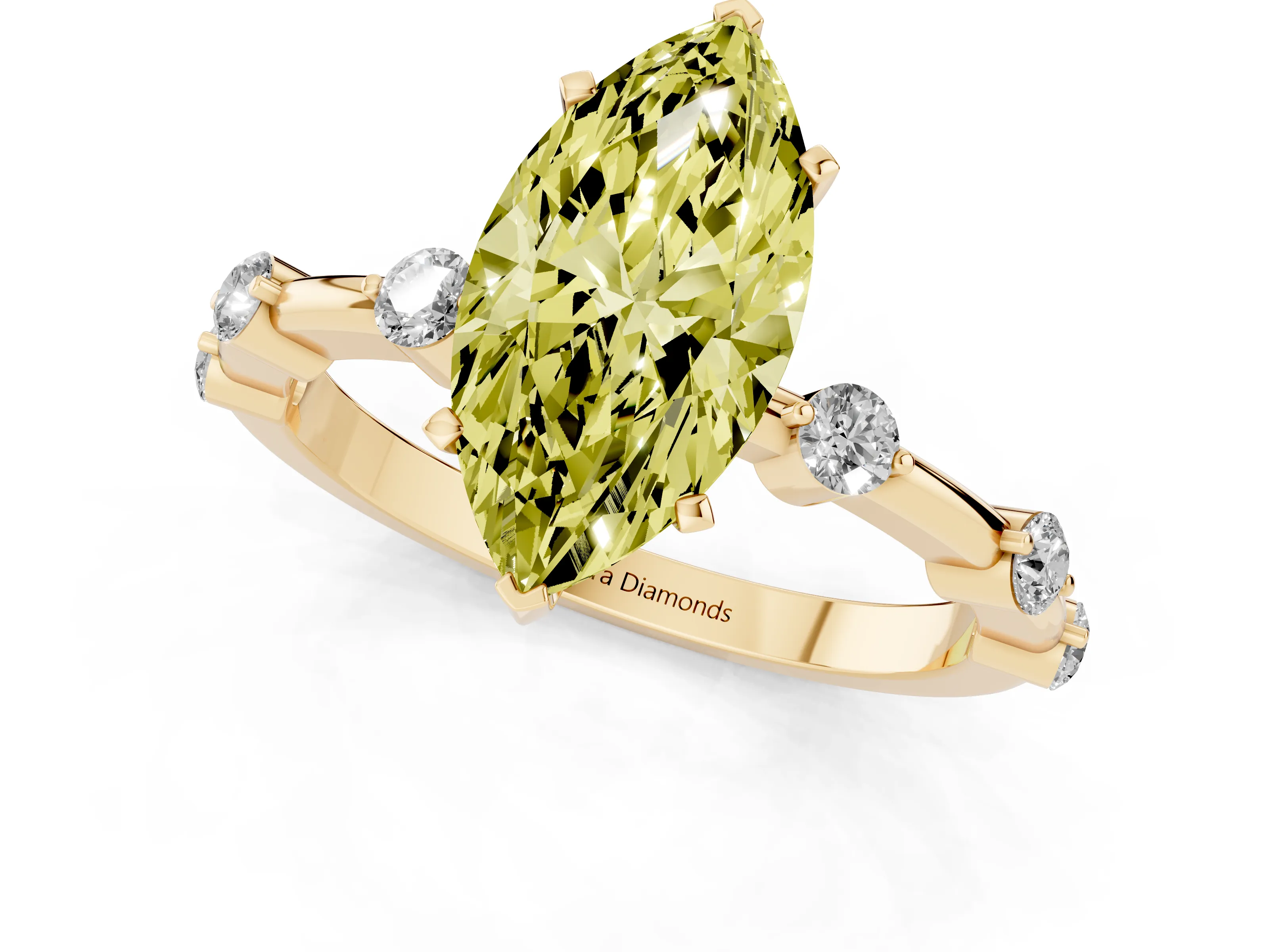 Fancy Yellow Marquise Cut Diamond Solitaire Ring Set in Yellow gold with Bezel Set Side Stones and Prong Setting