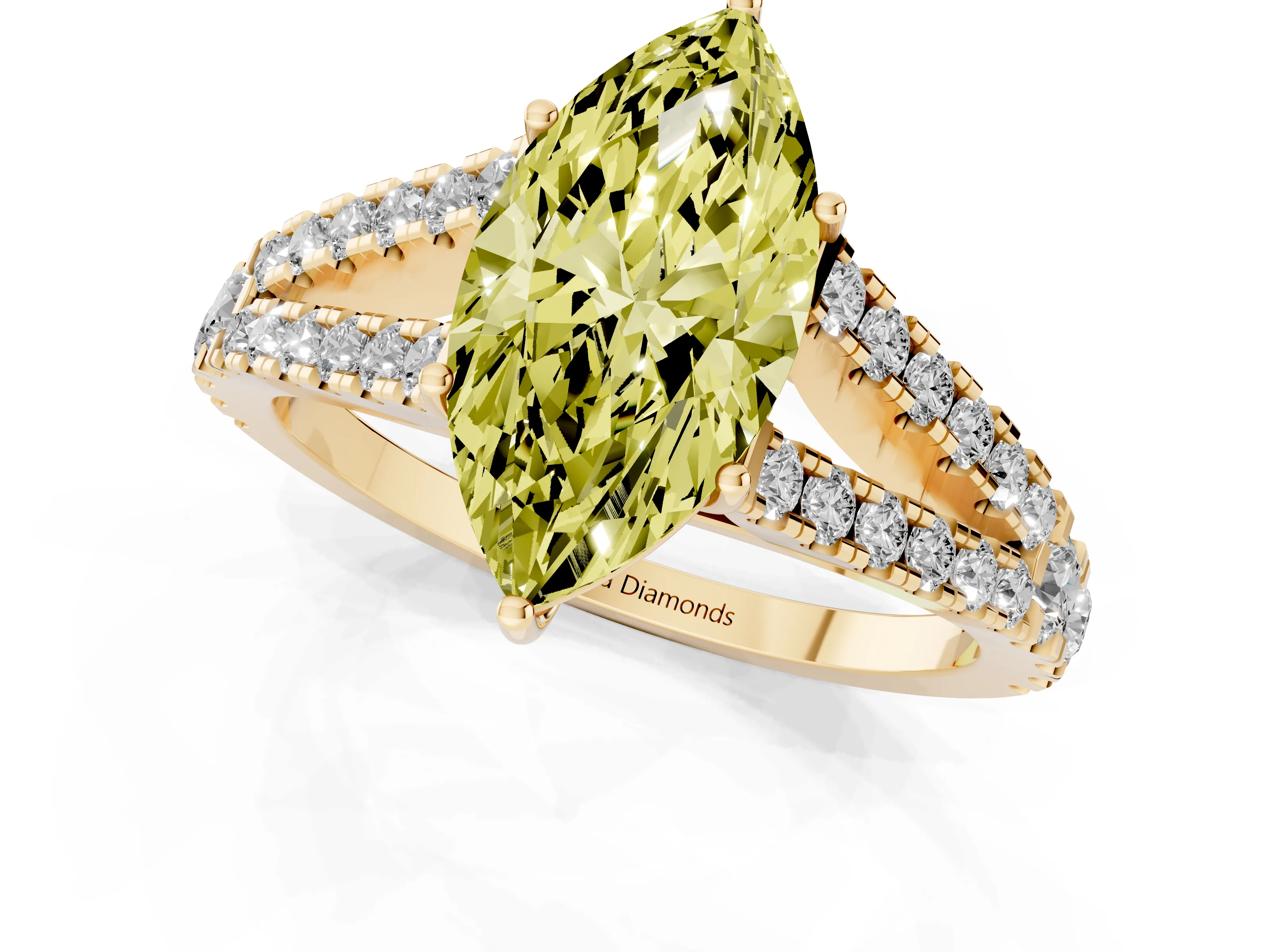 Fancy Yellow Marquise Cut Diamond Split Shank Pavé Engagement Ring Set in Yellow gold with Prong-Held Center Stone