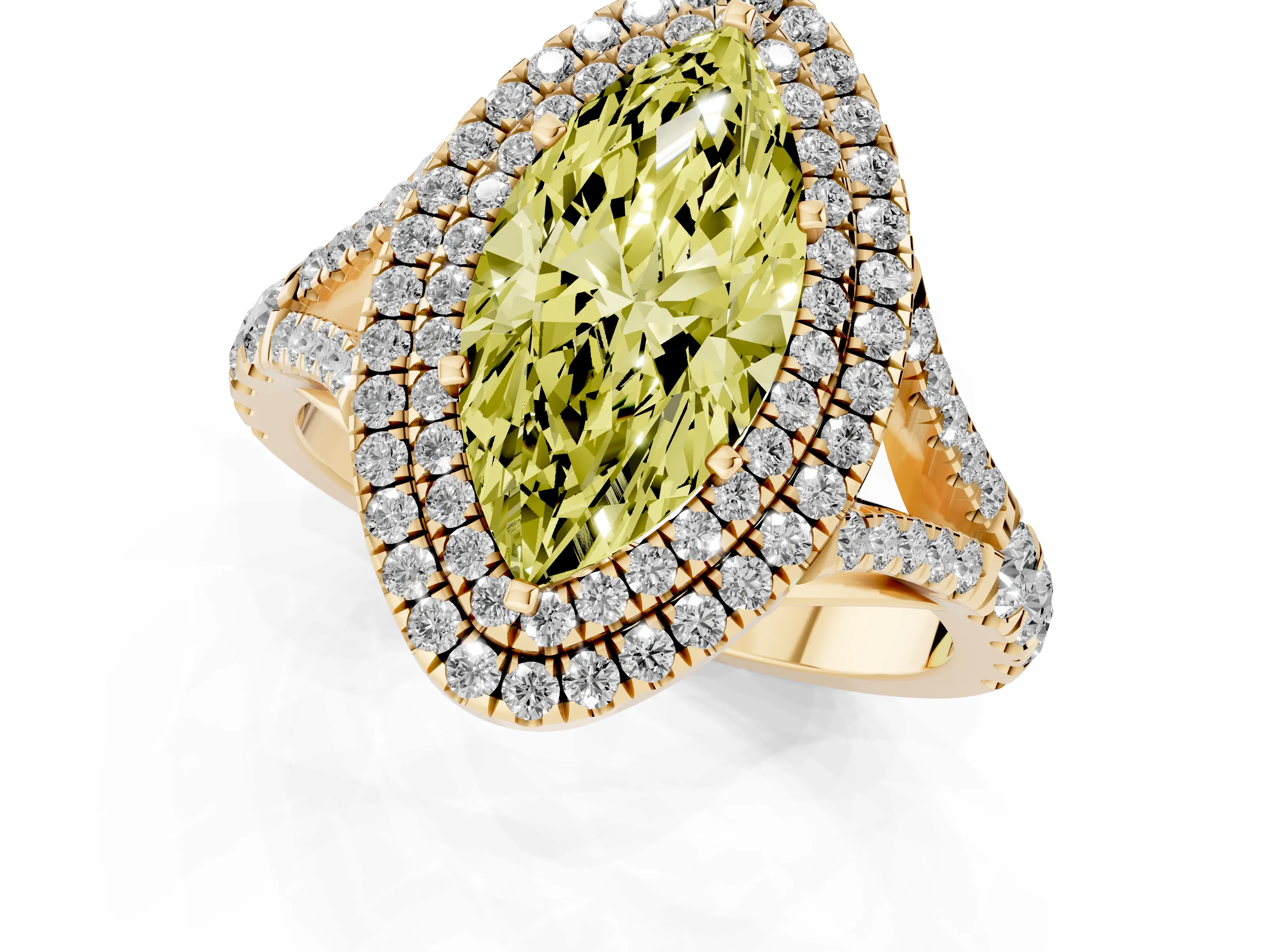 Fancy Yellow Marquise Cut Diamond Pavé Split Shank Double Halo Engagement Ring Set in Yellow gold