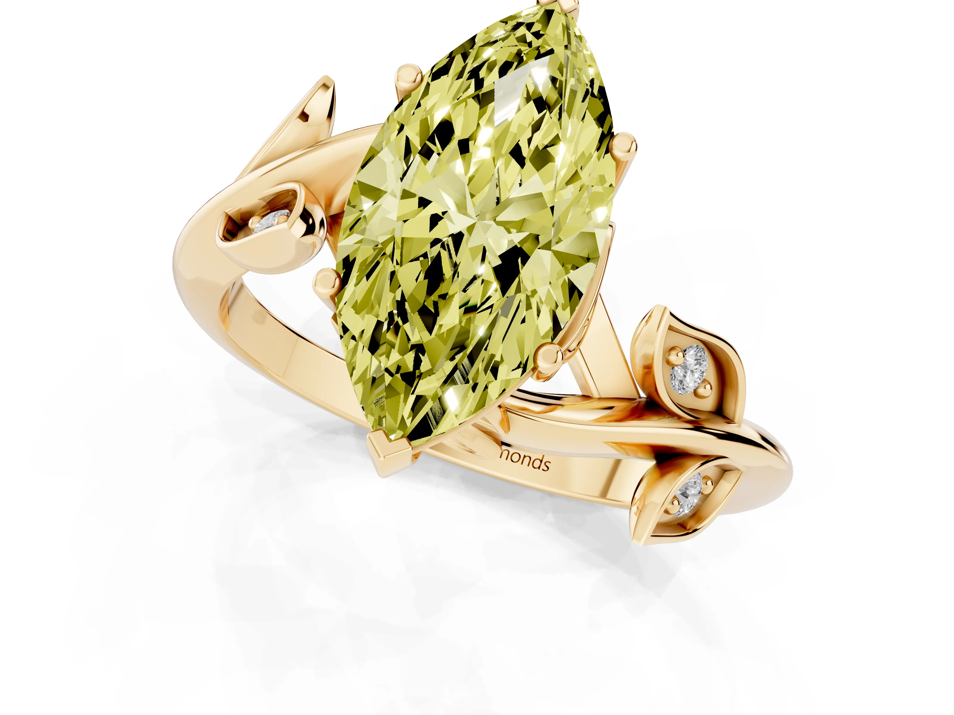 Fancy Yellow Marquise Cut Diamond Solitaire Twist Engagement Ring Set in Yellow gold with Pavé Leaf Accents