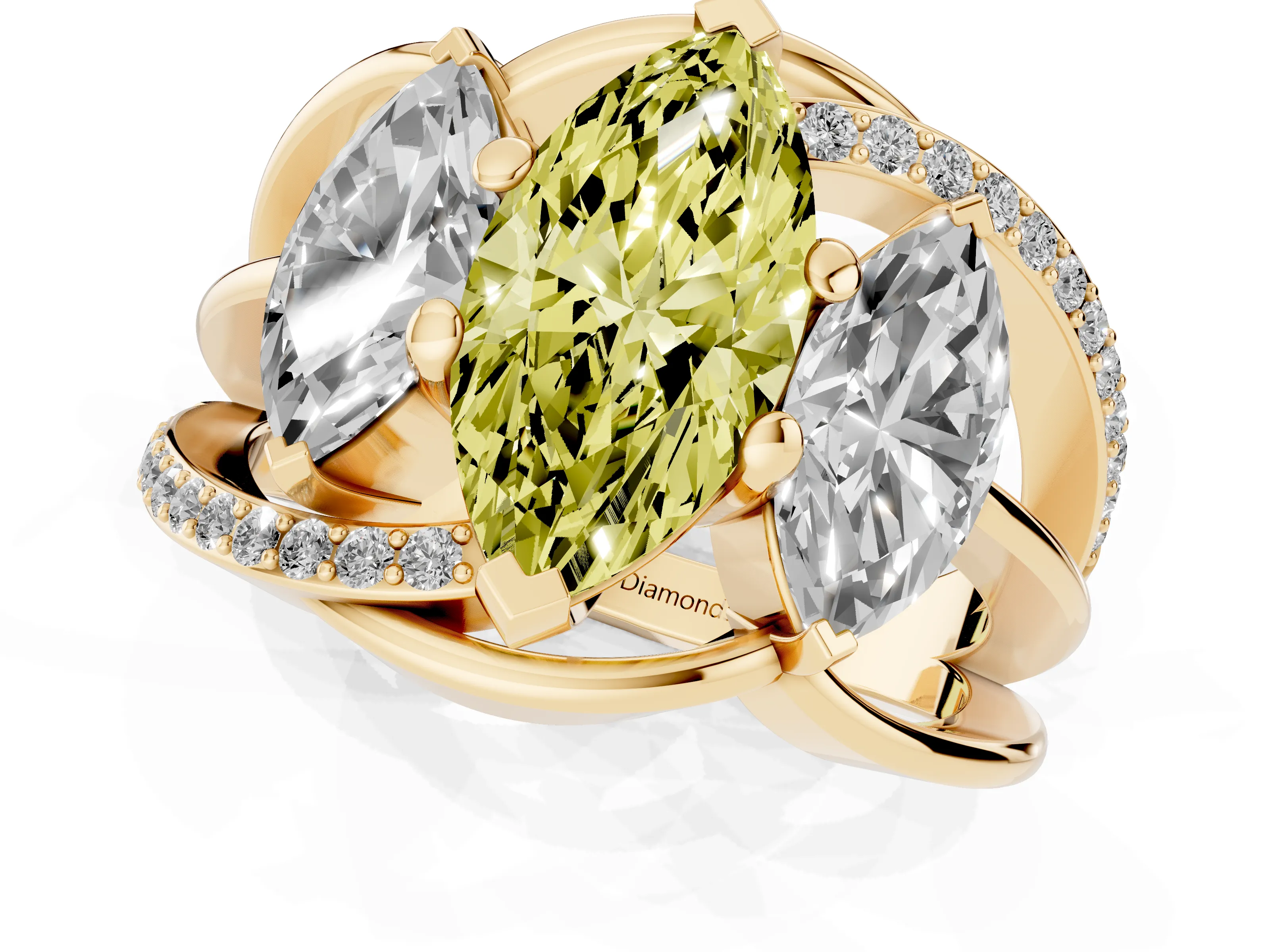 Fancy Yellow Marquise Cut Diamond Three-Stone Ring Set in Yellow gold with Split Shank and Prong Setting