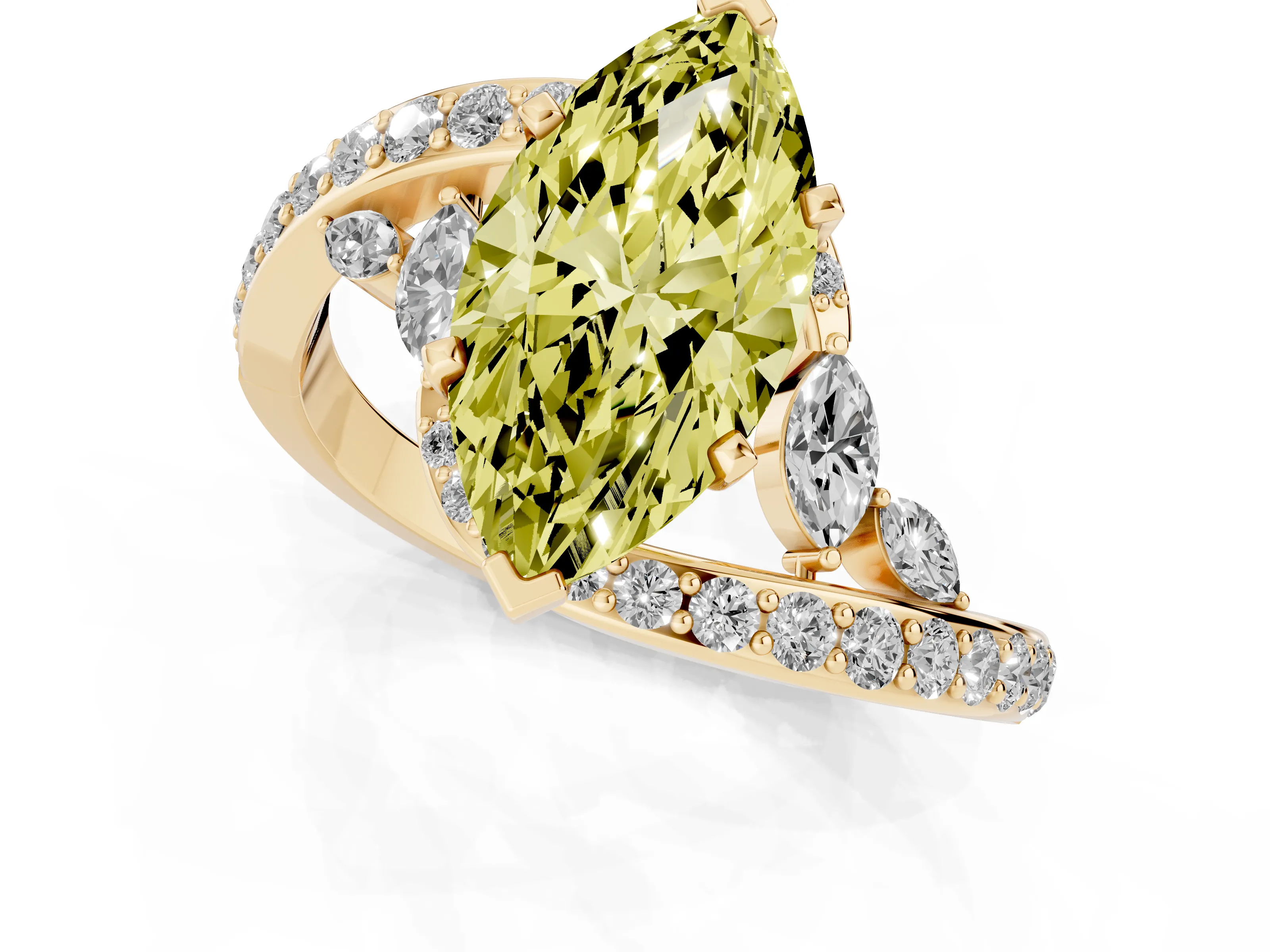 Fancy Yellow Marquise Cut Diamond Solitaire Ring Set in Yellow gold with Pavé Twist Band and Secure Prong Setting