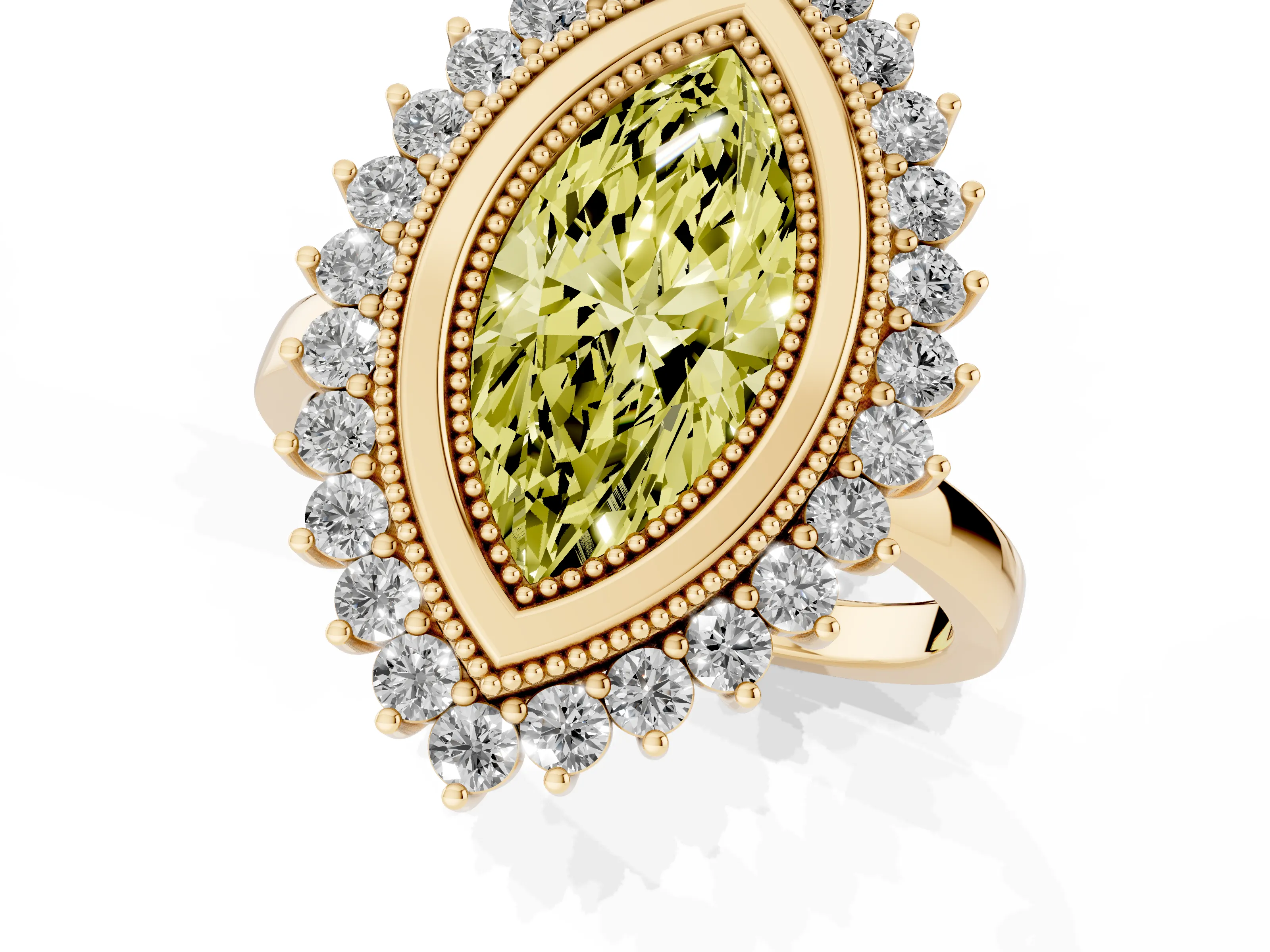 Fancy Yellow Marquise Cut Diamond Halo Ring Set in Yellow gold with Milgrain Edge and Round Prong Setting