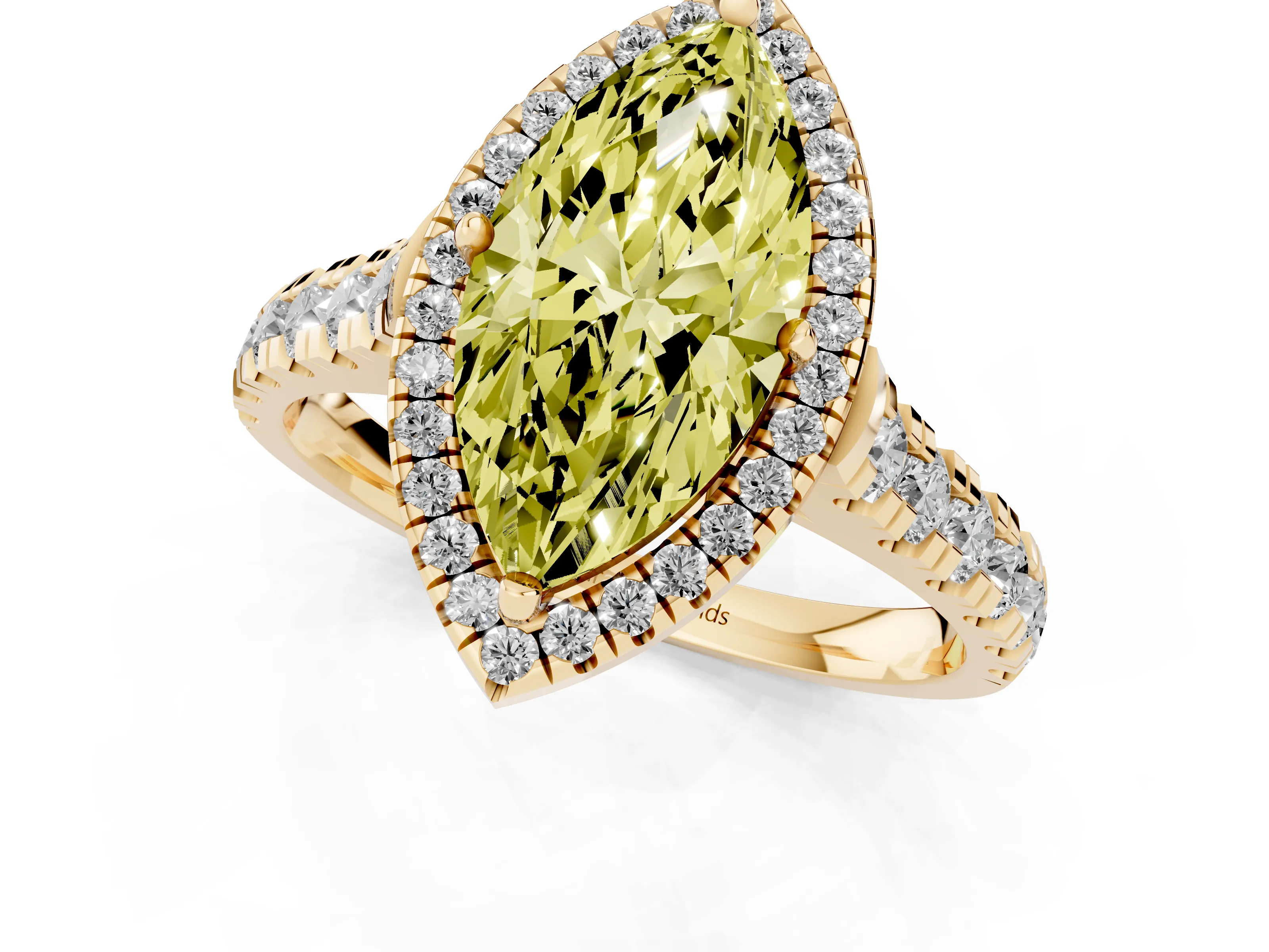 Fancy Yellow Marquise Cut Diamond Halo Engagement Ring Set in Yellow gold with Pavé Band and Prong-Set Center