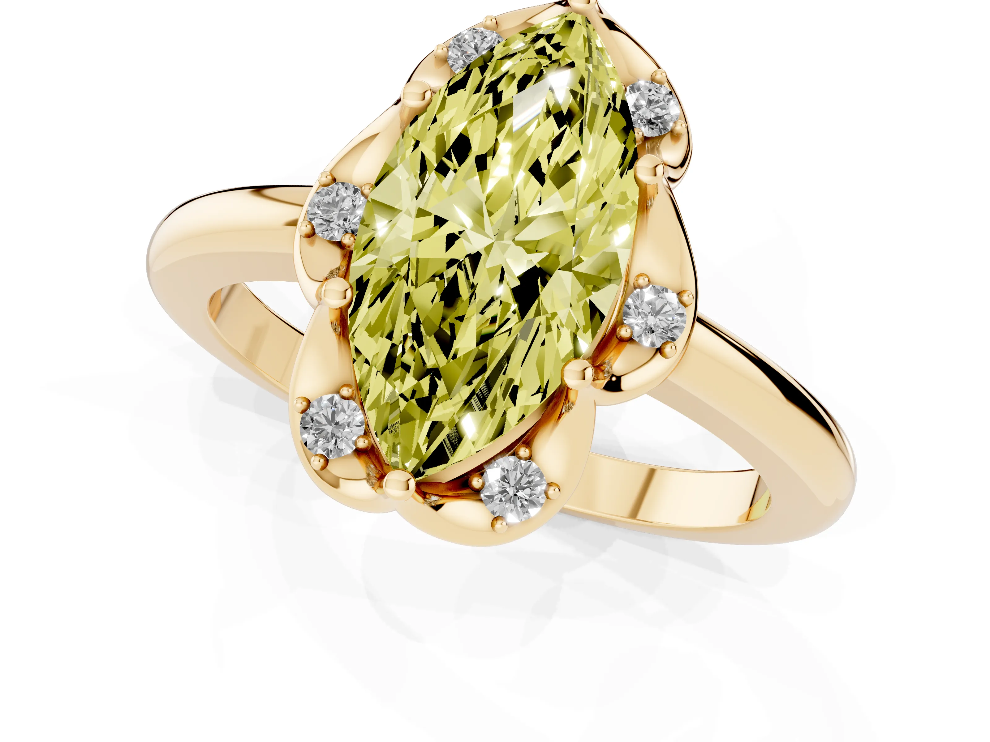 Fancy Yellow Marquise Cut Diamond Round Cluster Halo Ring Set in Yellow gold with Solitaire Band and Prong Setting