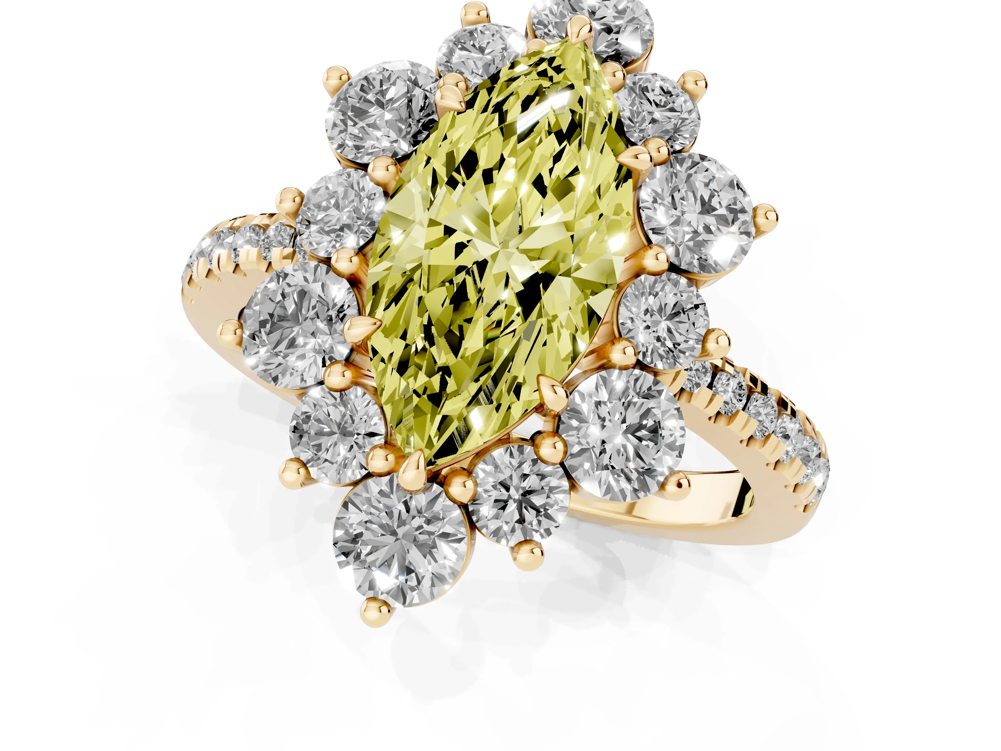 Fancy Yellow Marquise Cut Diamond Floral Halo Ring Set in Yellow gold with Round Pavé Band and Prong Setting