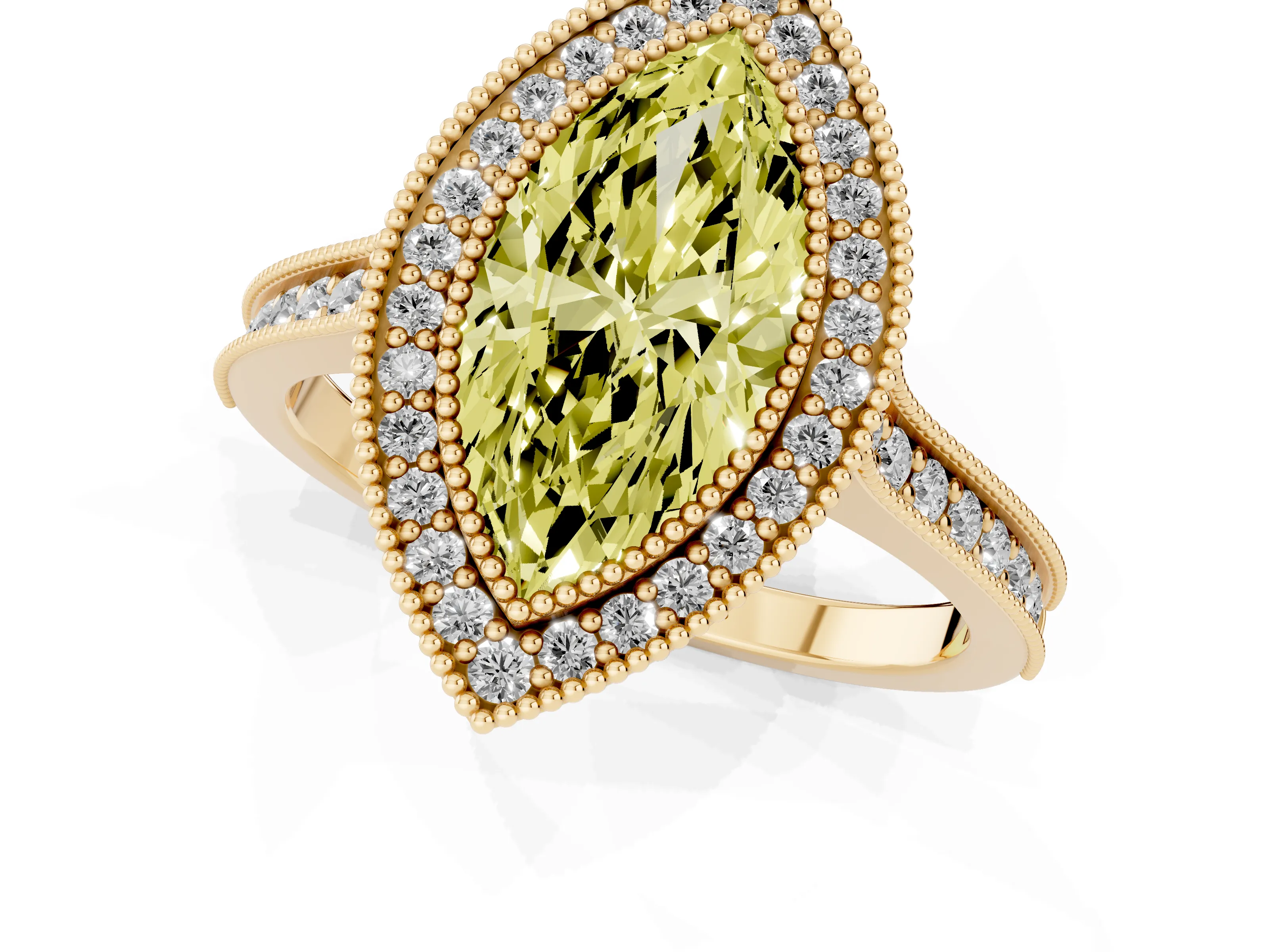 Fancy Yellow Marquise Cut Diamond Halo Milgrain Pavé Band Ring Set in Yellow gold with Prong Setting