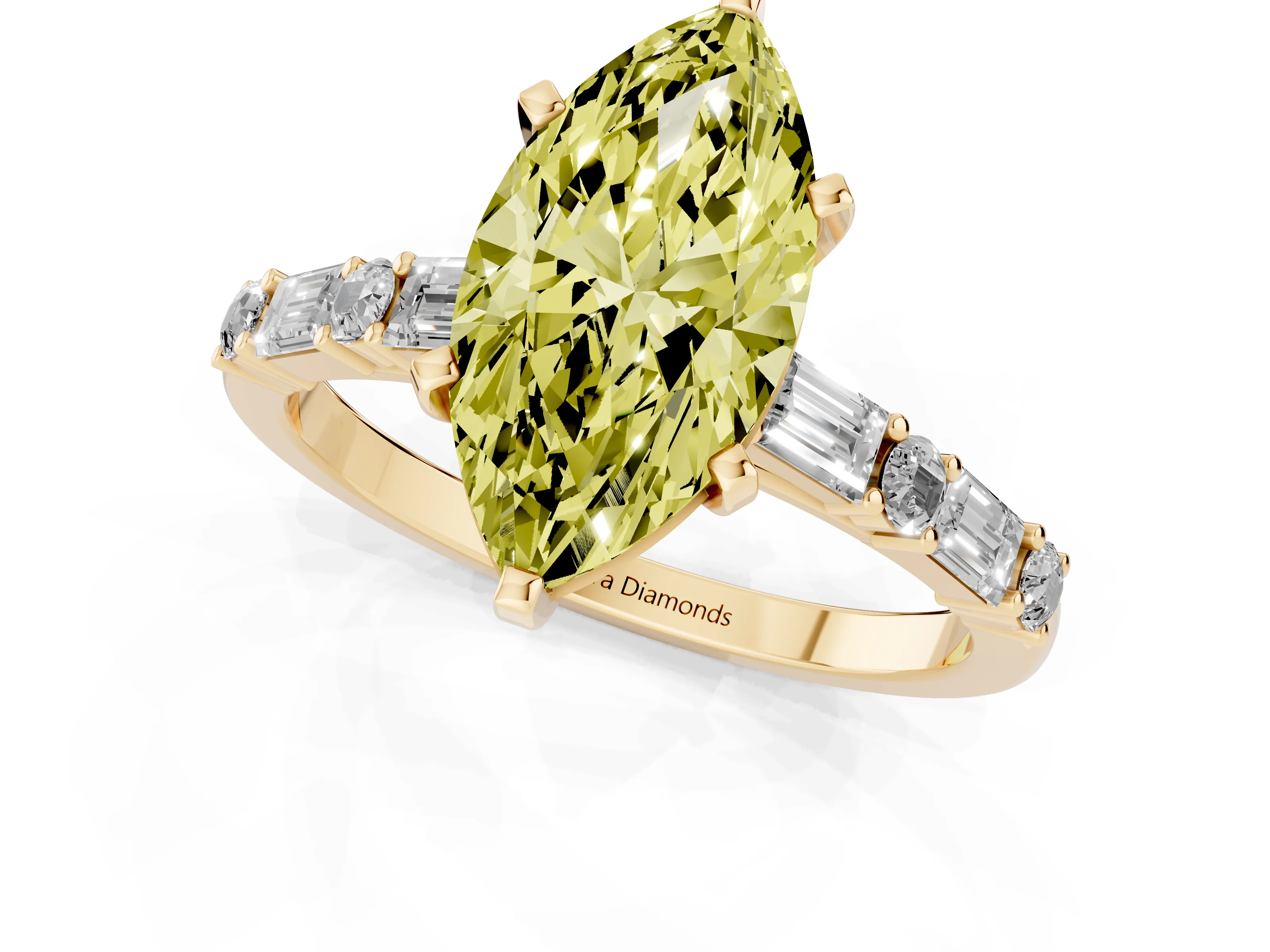 Fancy Yellow Marquise Cut Diamond Solitaire Set in Yellow gold with Side Baguettes and Channel Set Band