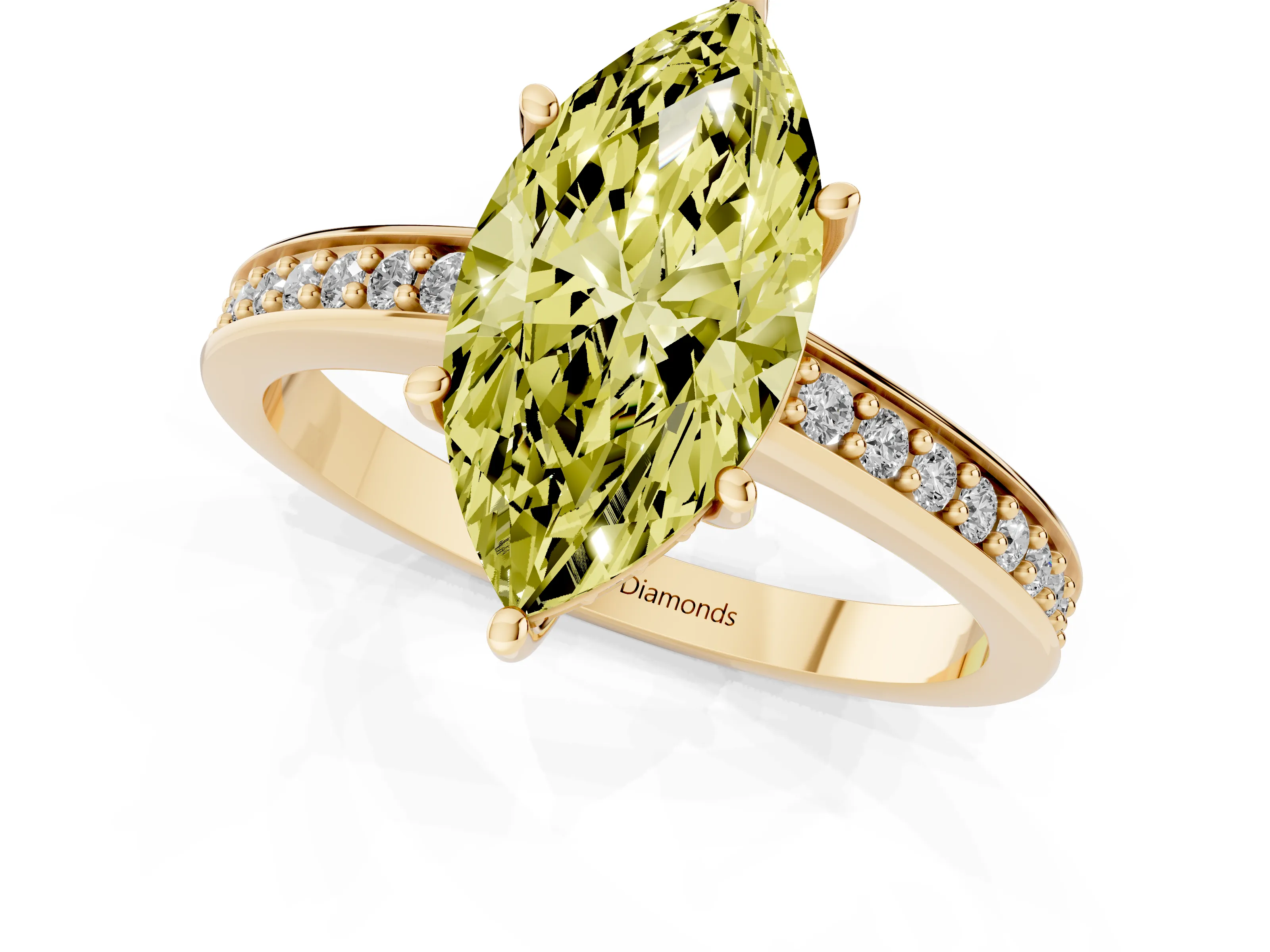 Fancy Yellow Marquise Cut Diamond Pavé Band Prong Set Solitaire Ring Set in Yellow gold