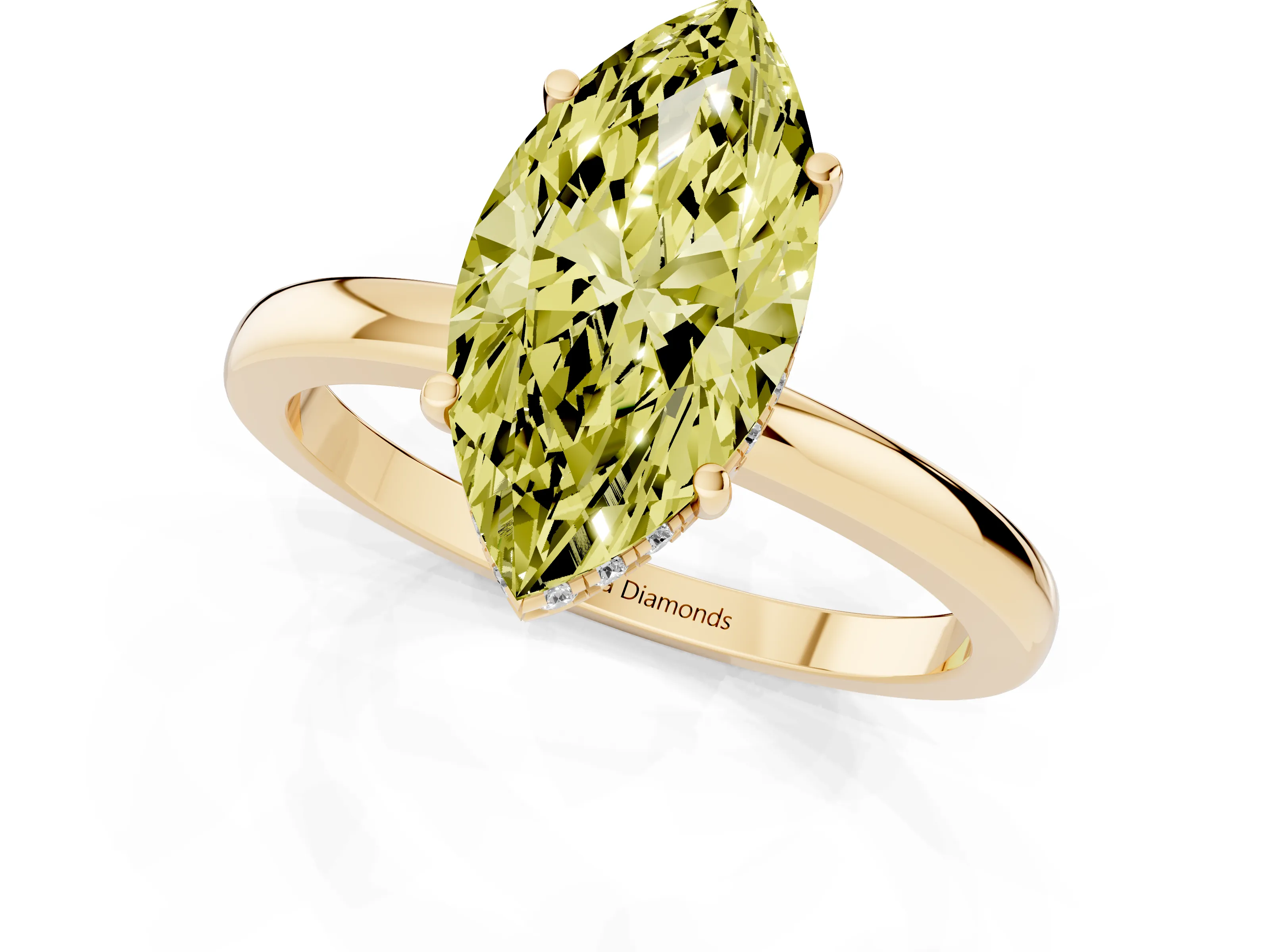 Fancy Yellow Marquise Cut Diamond Solitaire Ring Set in Yellow gold with Plain Band and Prong Setting