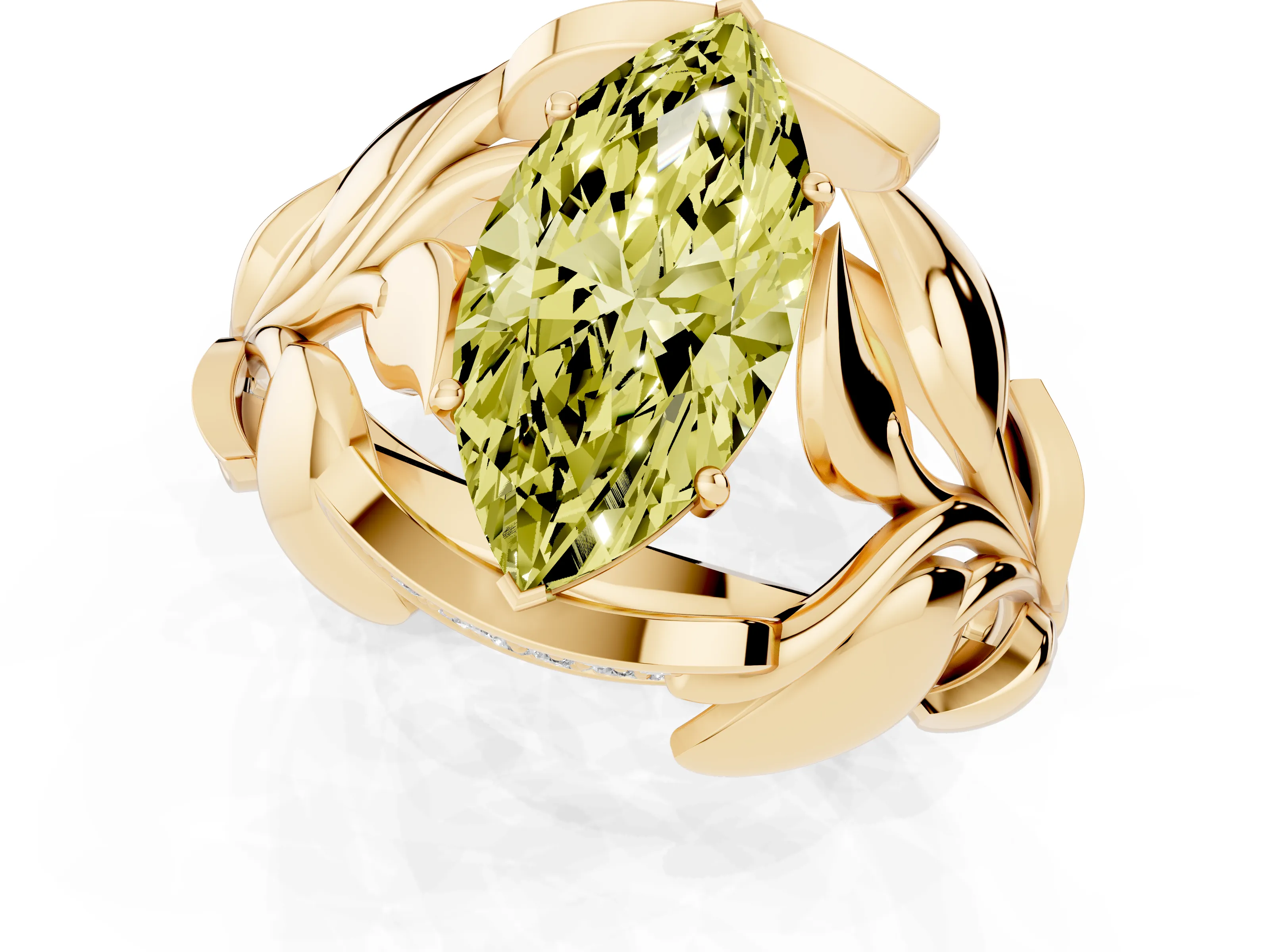 Fancy Yellow Marquise Cut Diamond Leaf-Inspired Engagement Ring Set in Yellow gold with Round Accents