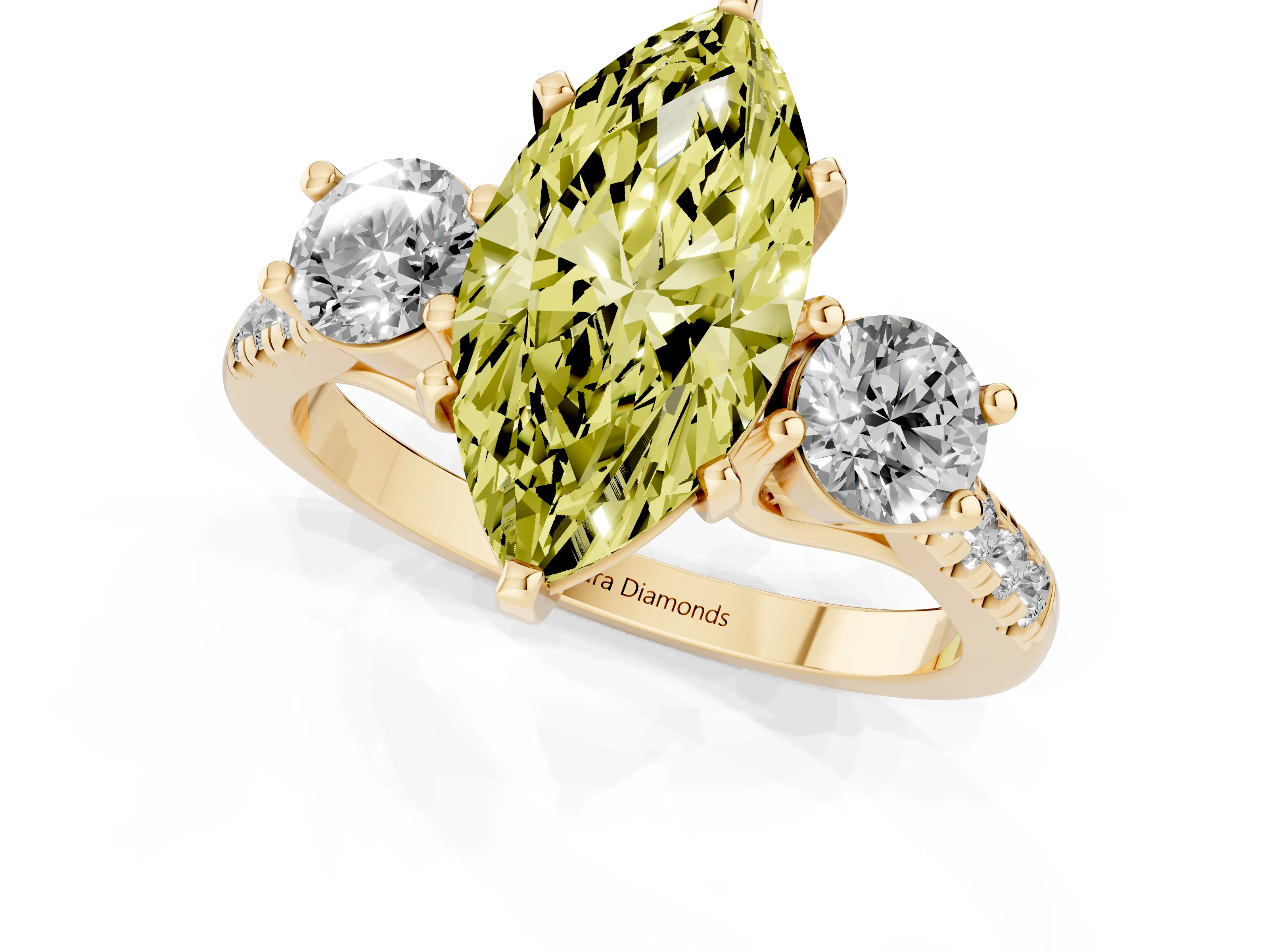 Fancy Yellow Three-Stone Marquise Cut Diamond Pavé Band Ring Set in Yellow gold with Prong-Set Trio