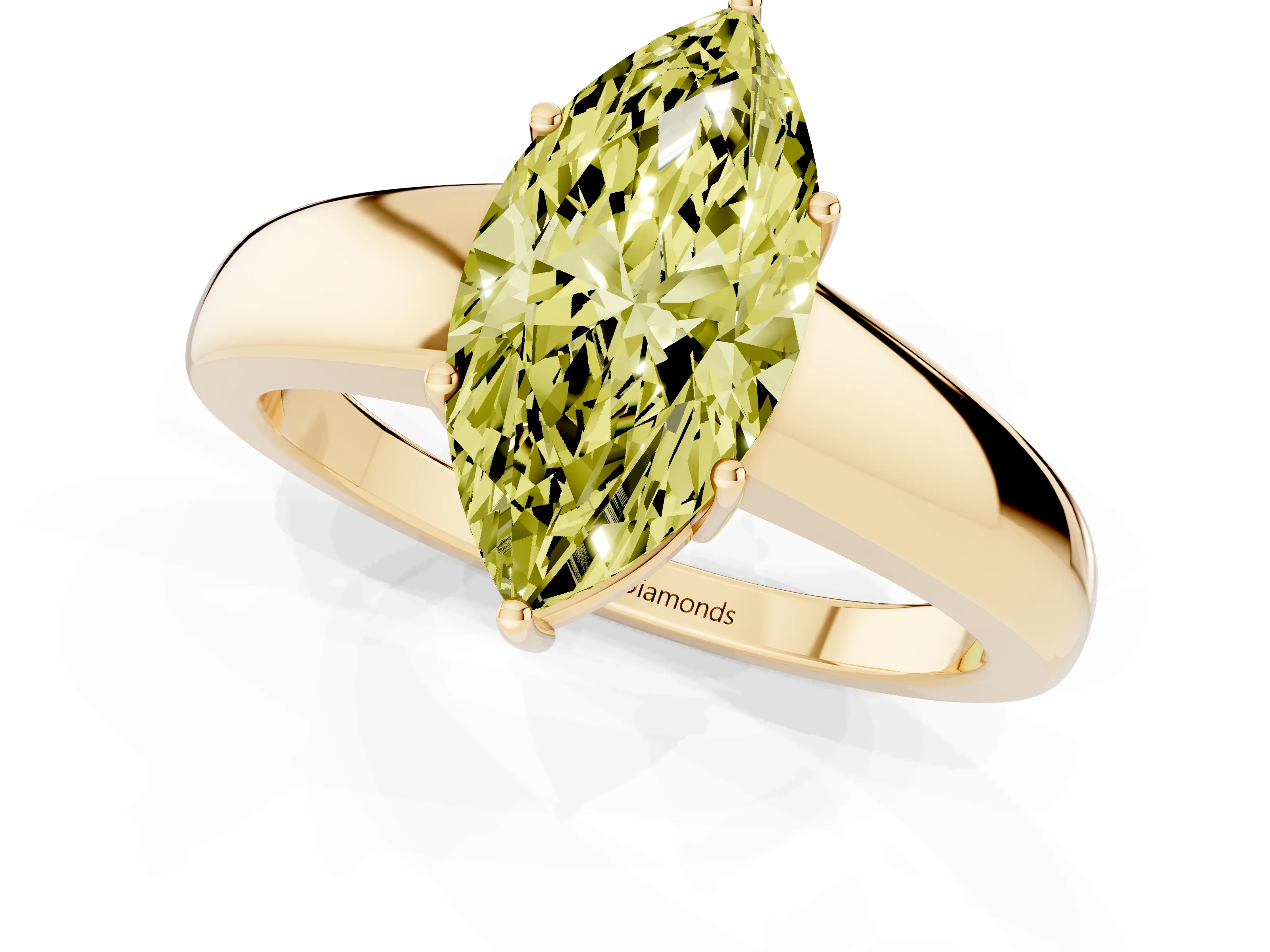 Fancy Yellow Marquise Cut Diamond Solitaire Ring Set in Yellow gold with Tapered Band and Prong Setting