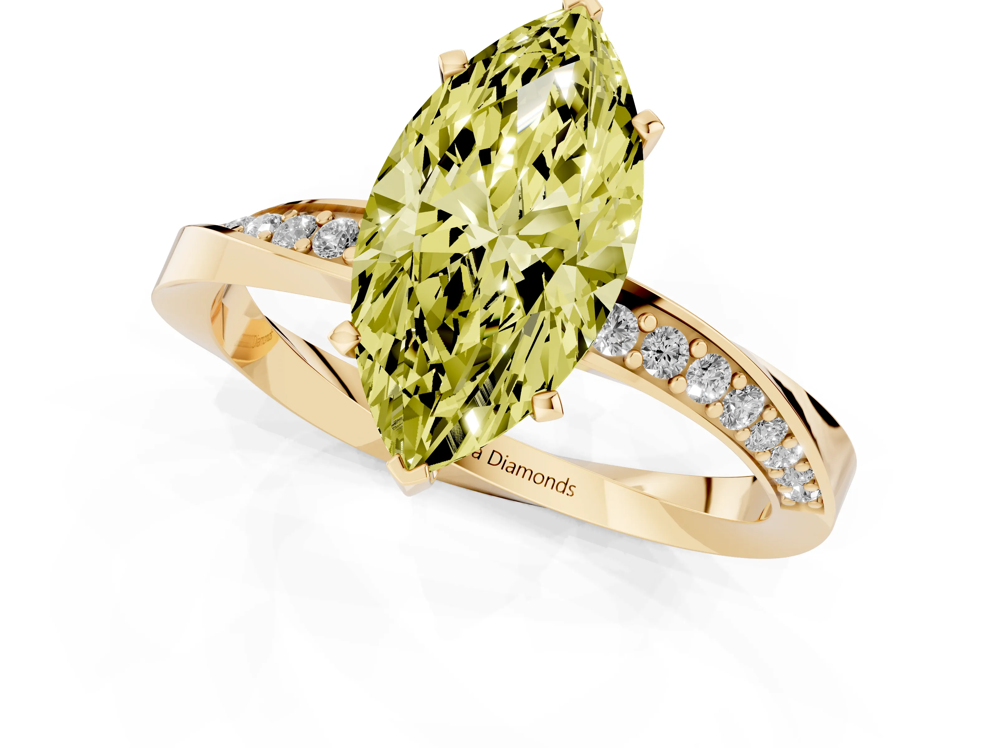 Fancy Yellow Marquise Cut Diamond Engagement Ring Set in Yellow gold with Side Stone Accents and Prong Setting