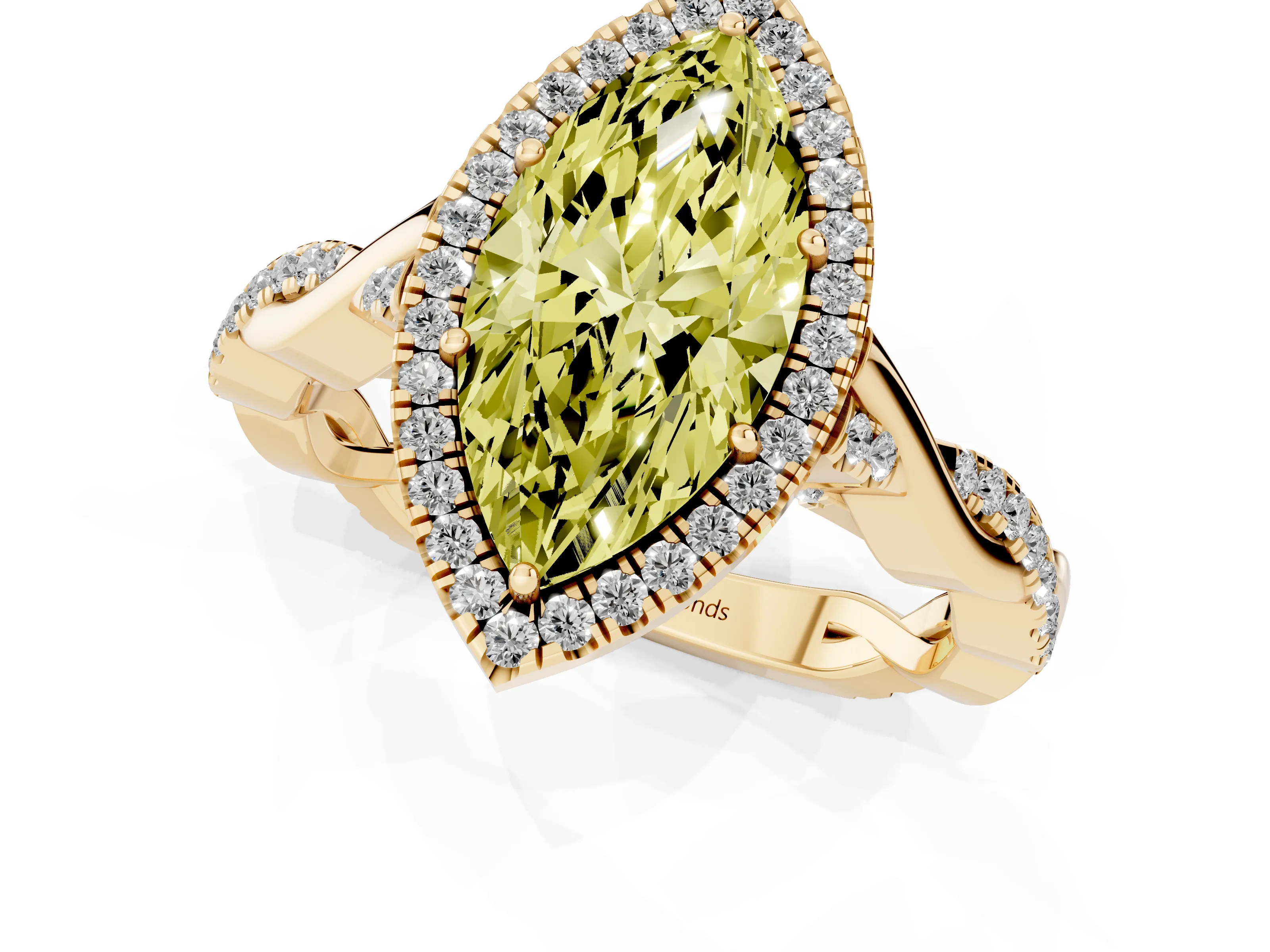 Fancy Yellow Marquise Cut Diamond Halo Twist Band Solitaire Ring Set in Yellow gold with Prong Setting
