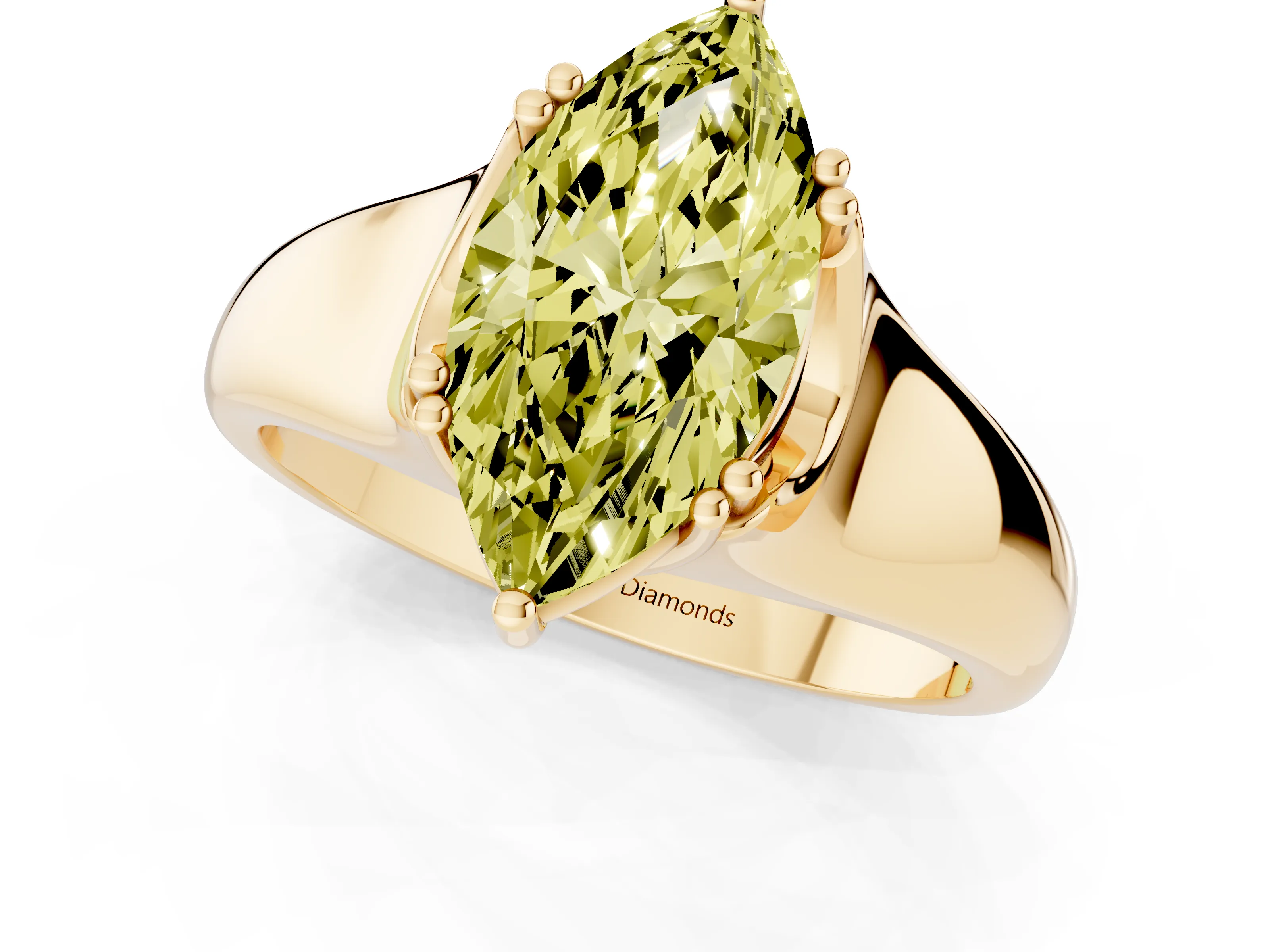 Fancy Yellow Marquise Cut Diamond Solitaire Ring Set in Yellow gold with Wide Band and Prong Setting