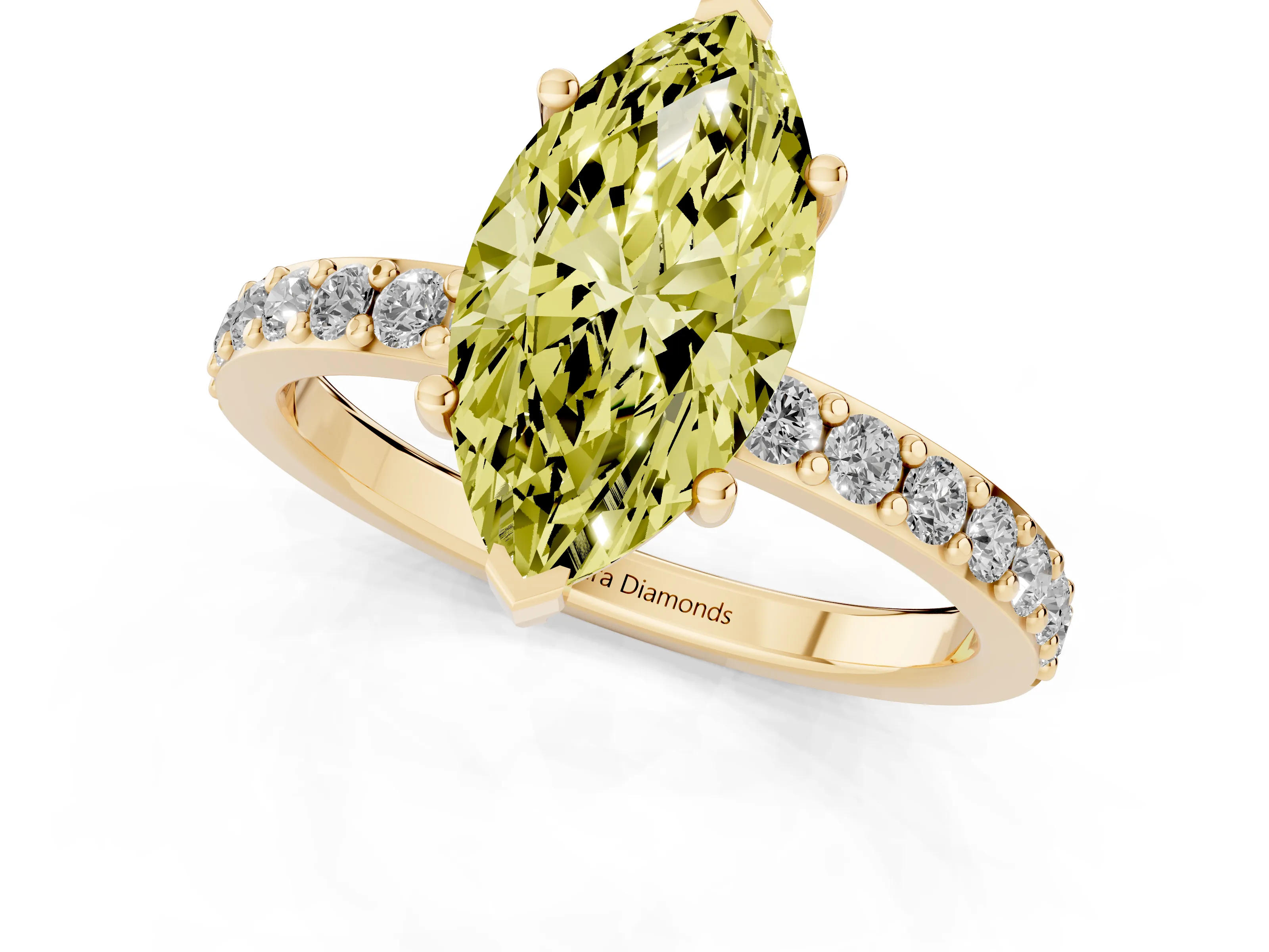 Fancy Yellow Marquise Cut Diamond Solitaire Set in Yellow gold with Round Pavé Band and Prong Setting
