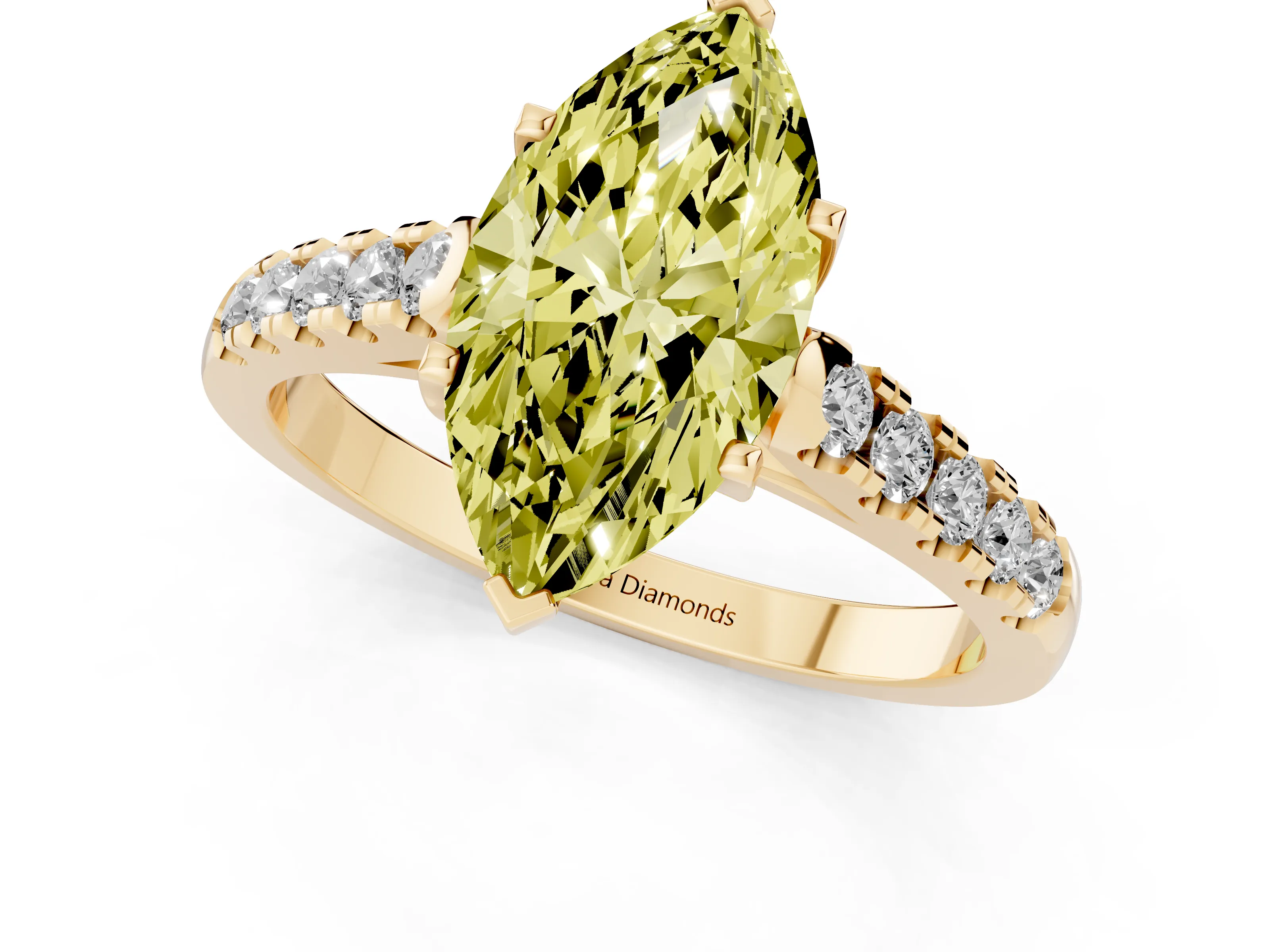 Fancy Yellow Marquise Cut Diamond Pavé Band Solitaire Ring Set in Yellow gold with Partway Accent Stones and Prong Setting