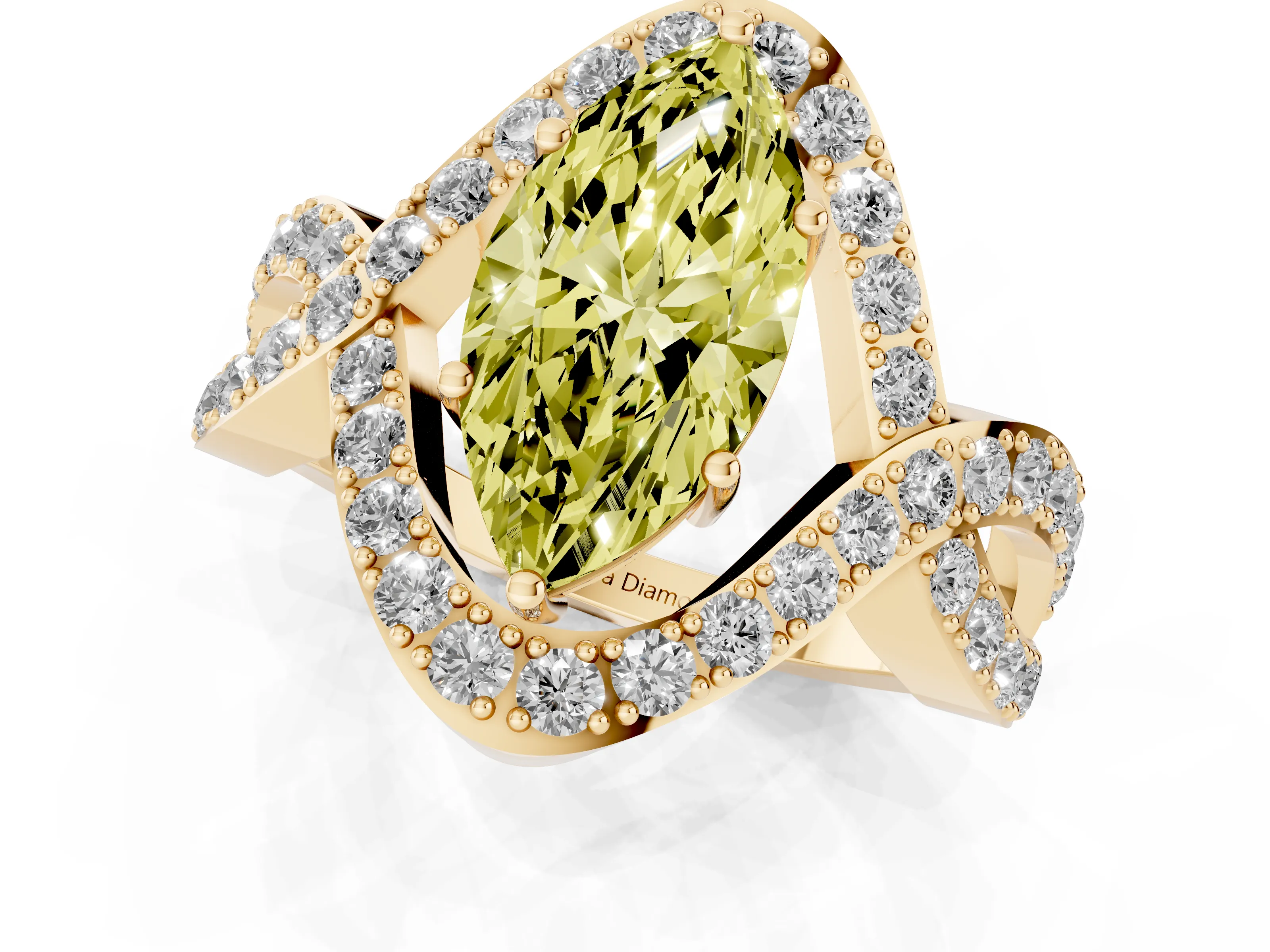 Fancy Yellow Marquise Cut Diamond Solitaire Twist Band Pavé Engagement Ring Set in Yellow gold