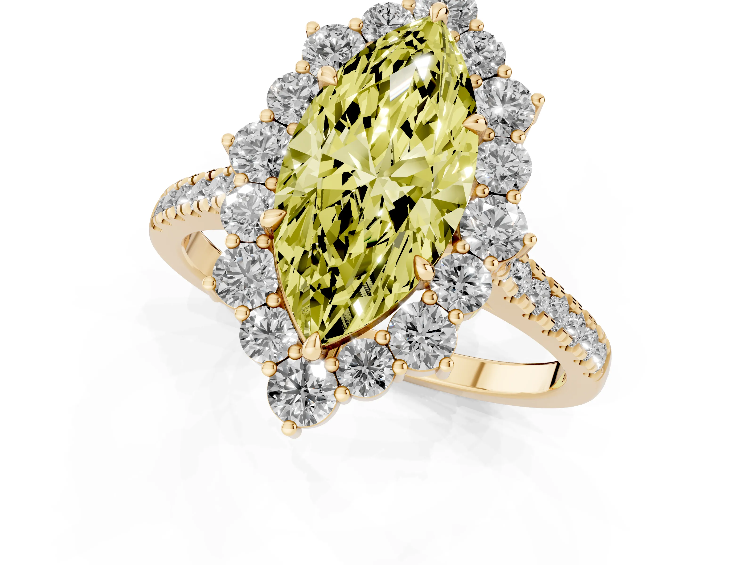 Fancy Yellow Marquise Cut Diamond Halo Ring Set in Yellow gold with Pavé Band and Prong Setting