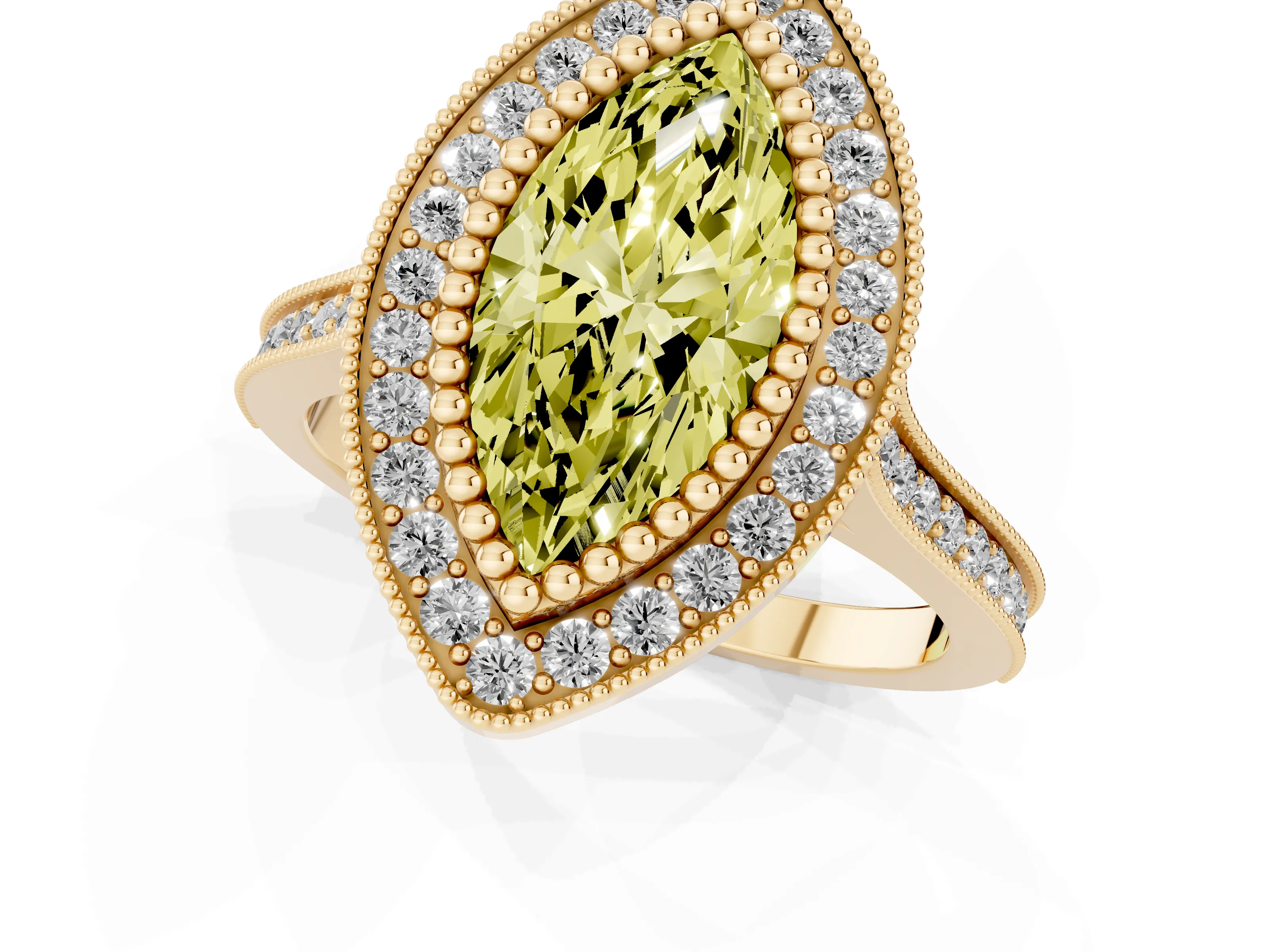Fancy Yellow Marquise Cut Diamond Halo Ring Set in Yellow gold with Milgrain Frame and Pavé Band