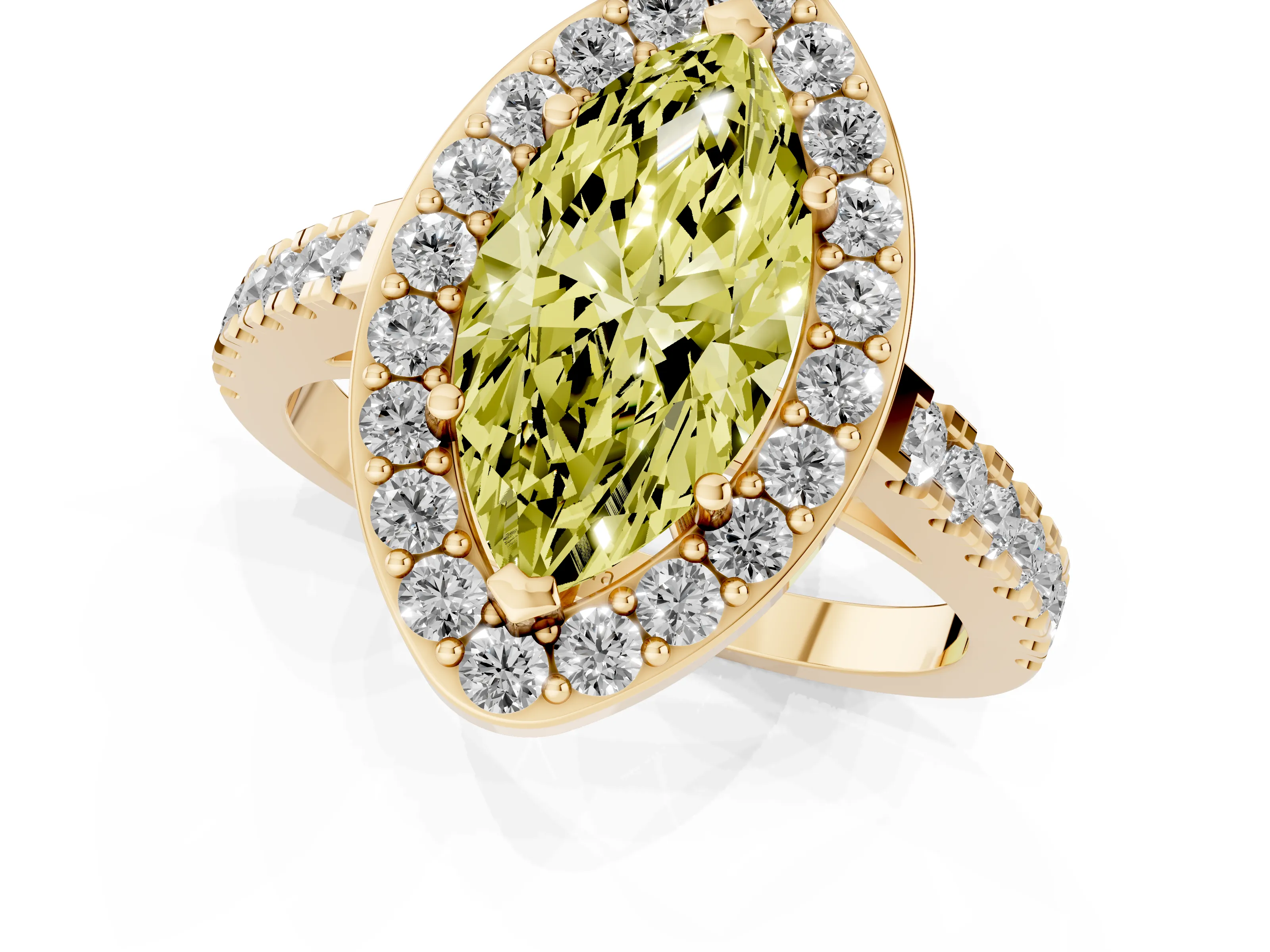 Fancy Yellow Marquise Cut Diamond Halo Ring Set in Yellow gold with Round Pavé Split Shank and Prong Setting